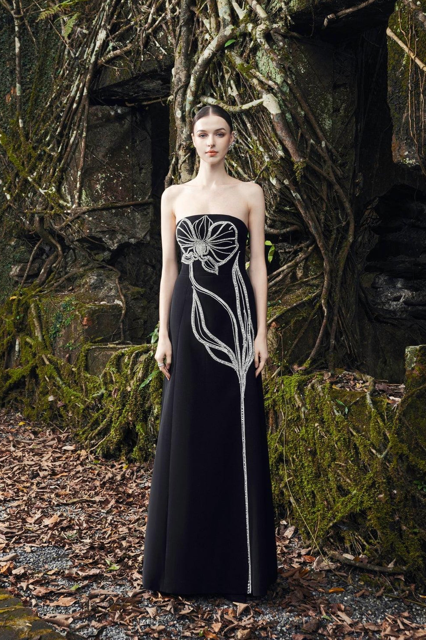 Crystal Strapless Dress With Long Back Cape