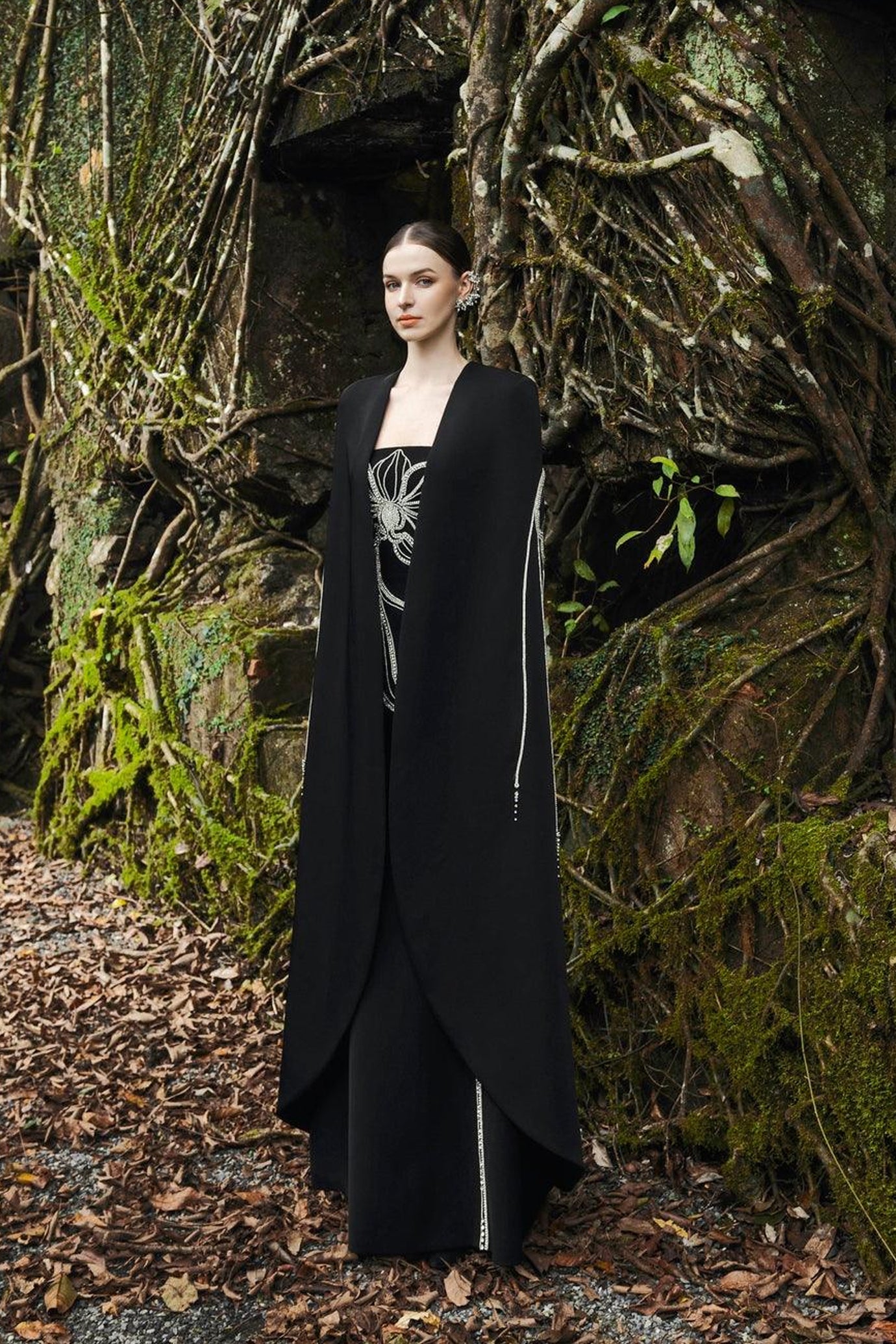 Crystal Strapless Dress With Long Back Cape