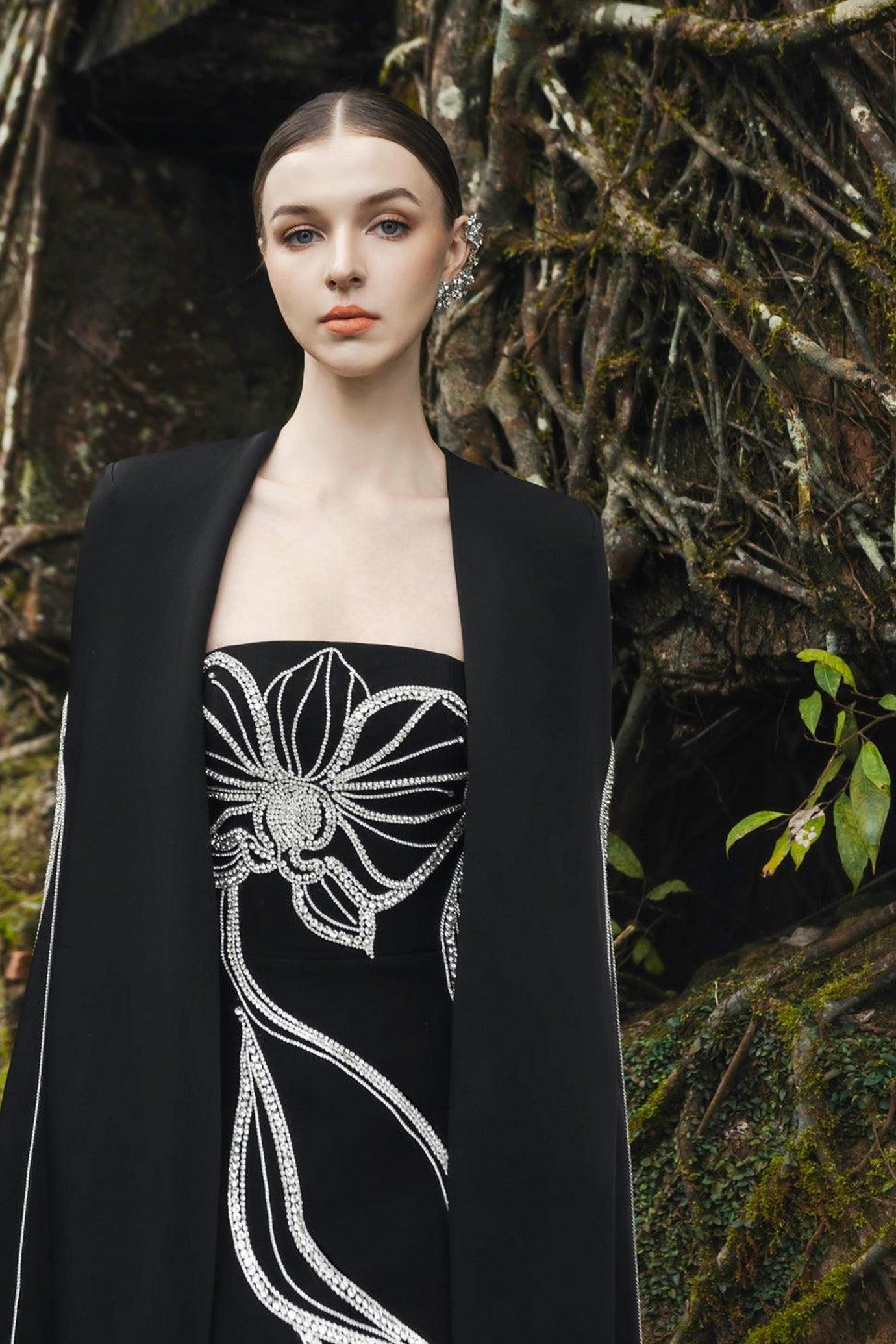 Crystal Strapless Dress With Long Back Cape