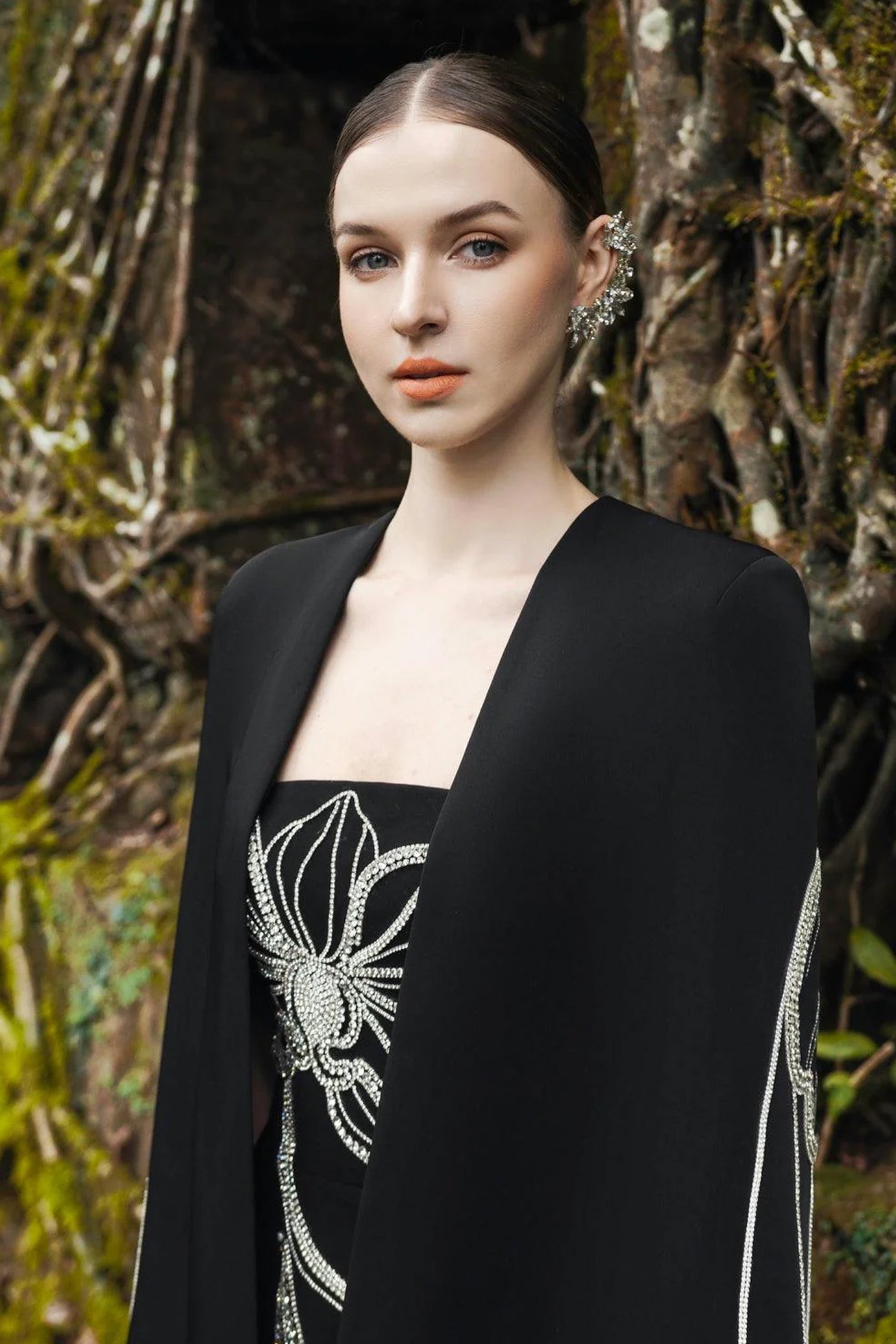 Crystal Strapless Dress With Long Back Cape