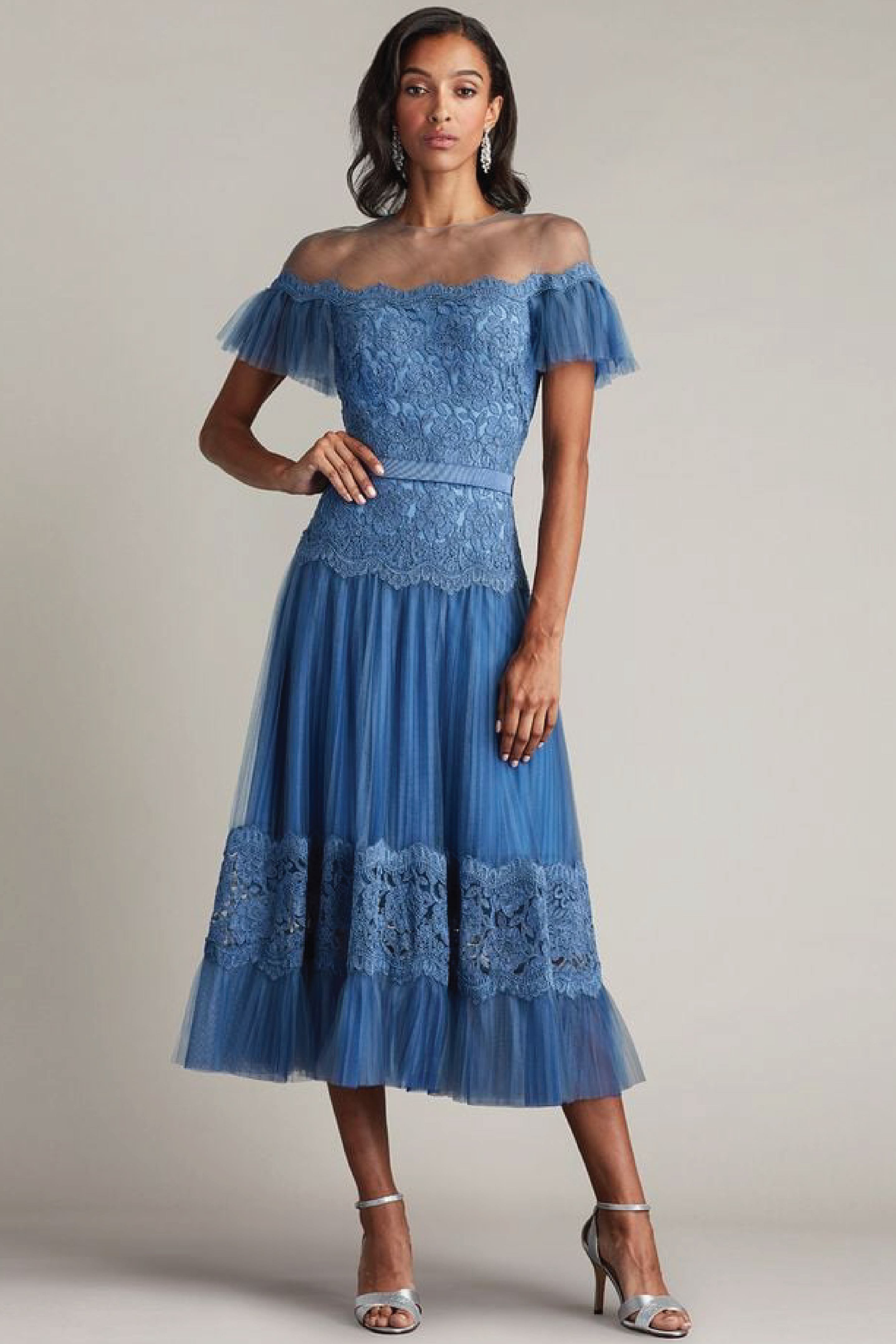 Elise Embroidered Pleated Tulle Midi Dress