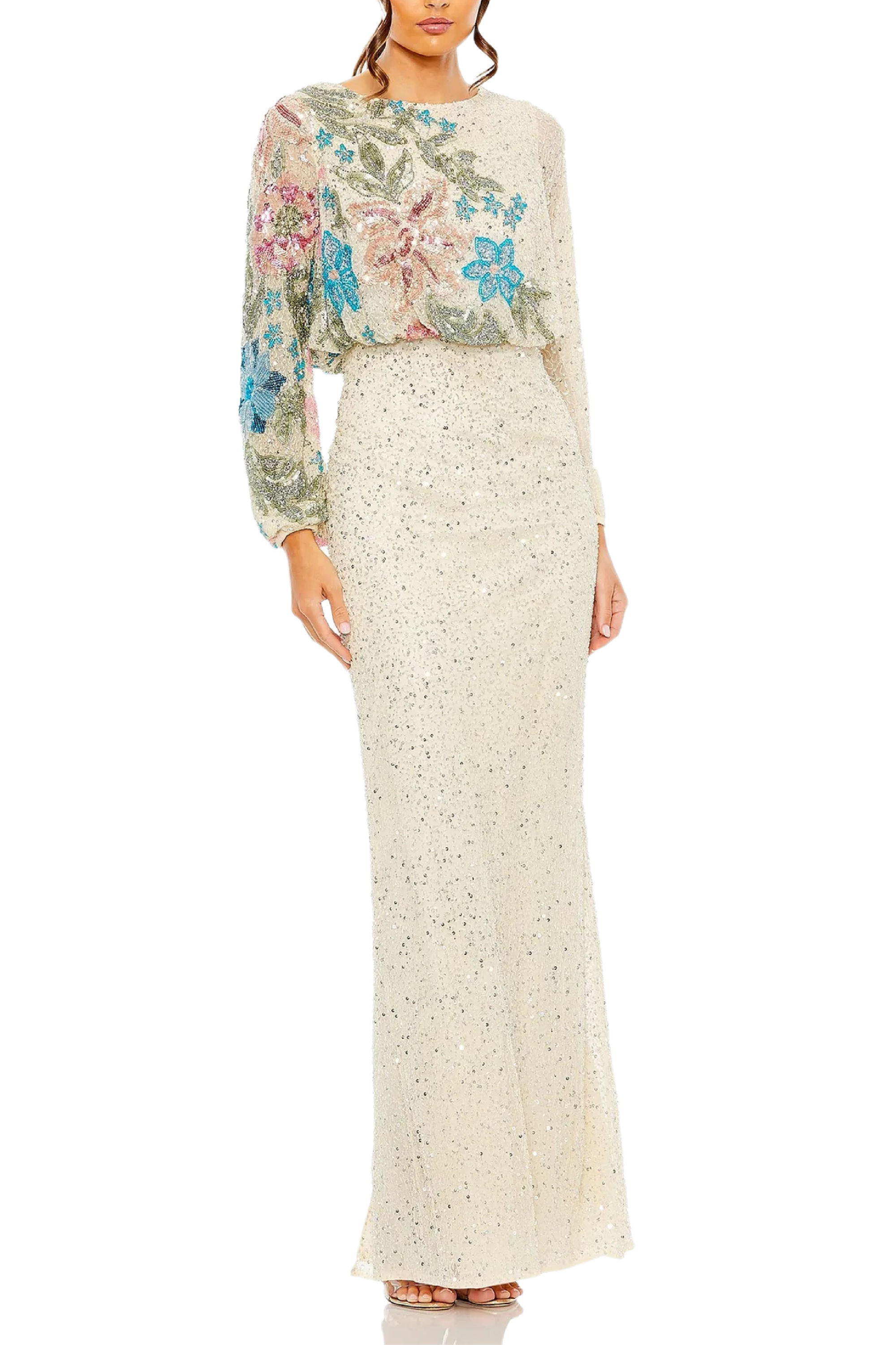 Embellished Multi Color Floral High Neck Gown