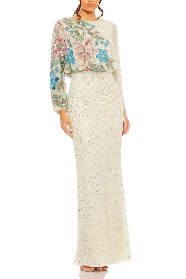 Embellished Multi Color Floral High Neck Gown