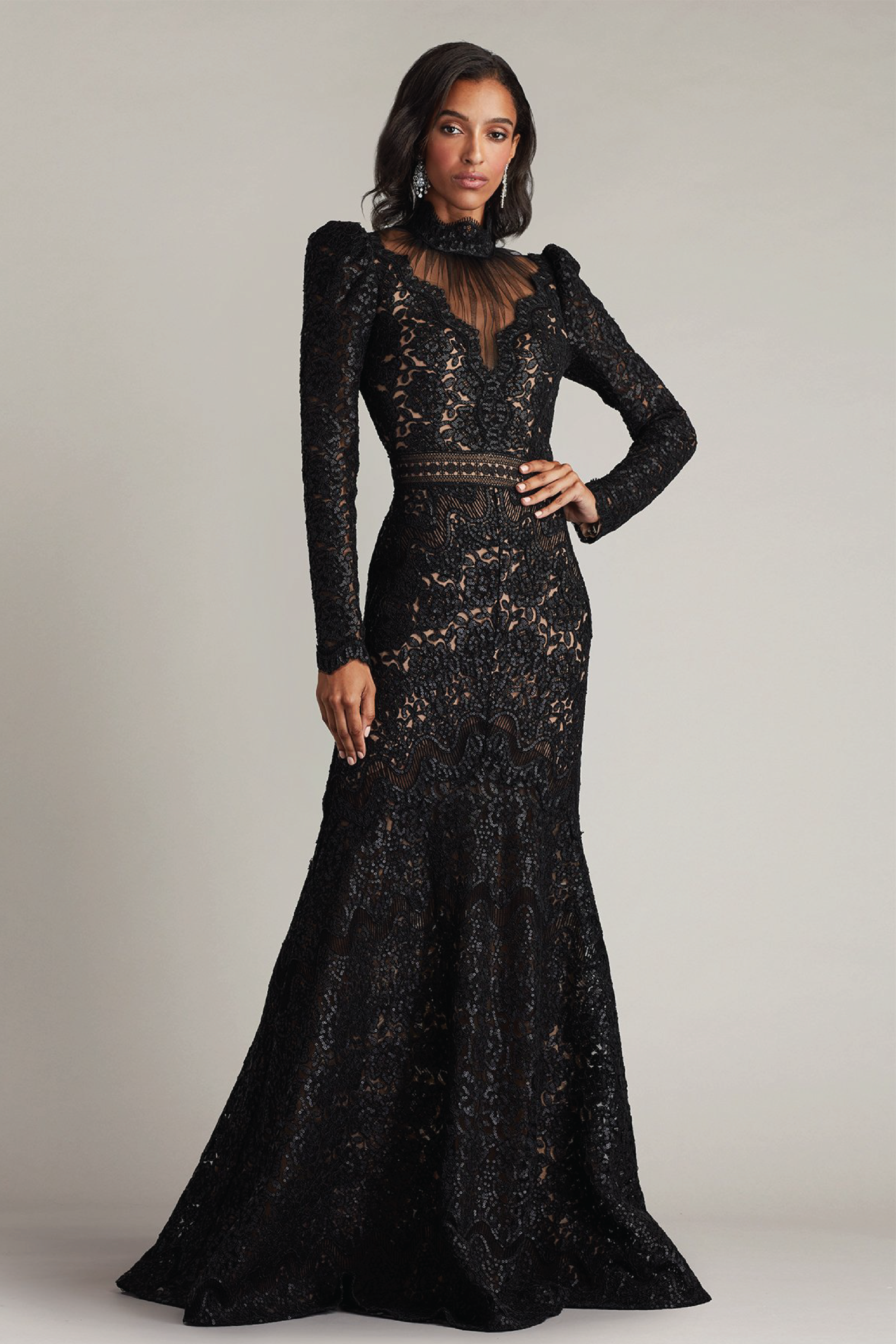 Enzo Sequin Embroidered High Neck Illusion Gown