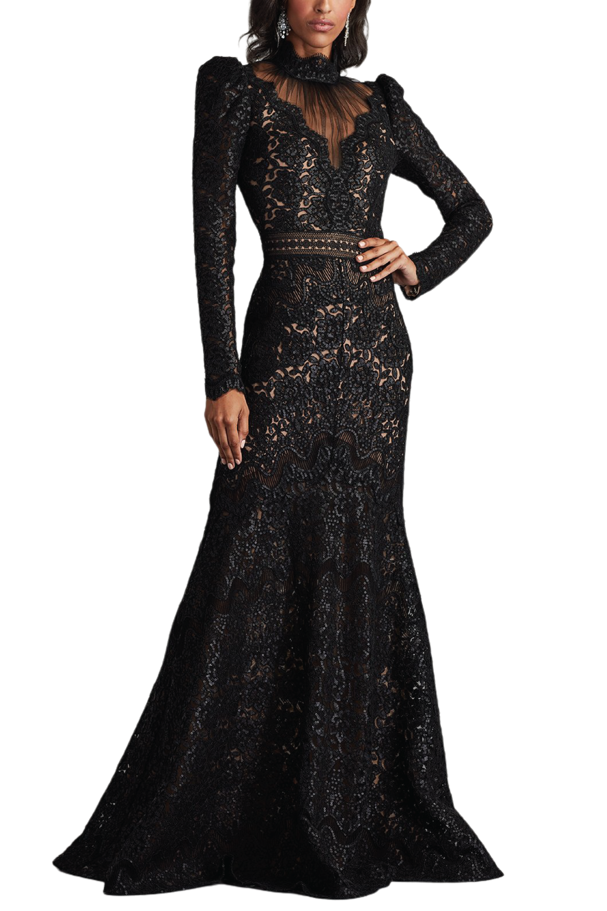 Enzo Sequin Embroidered High Neck Illusion Gown