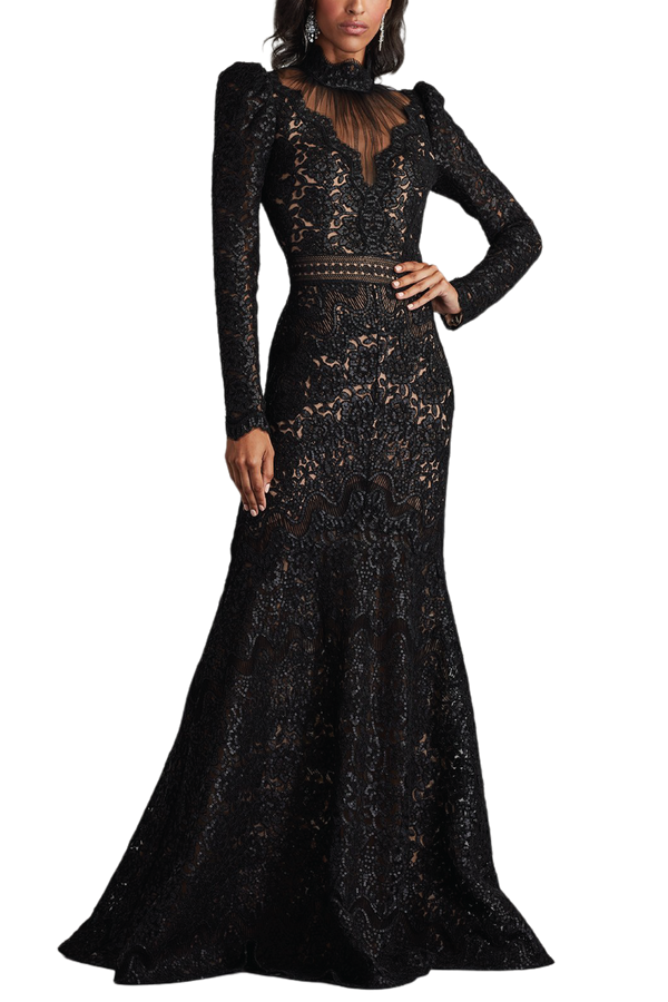 Enzo Sequin Embroidered High Neck Illusion Gown