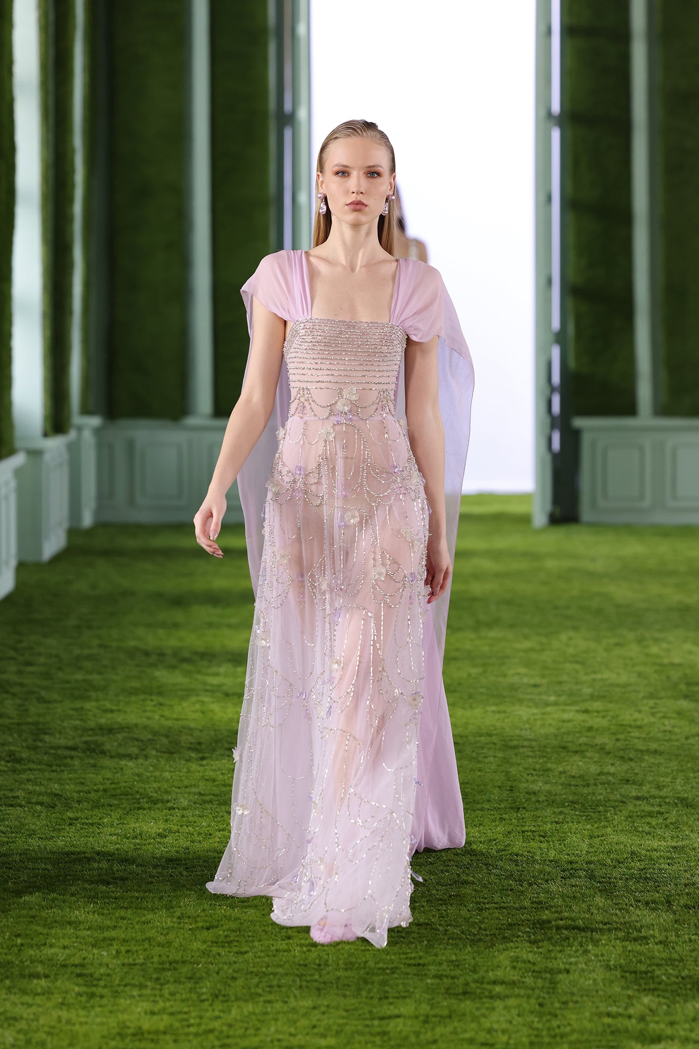 Cape Sleeve Embellished Chiffon Maxi Dress