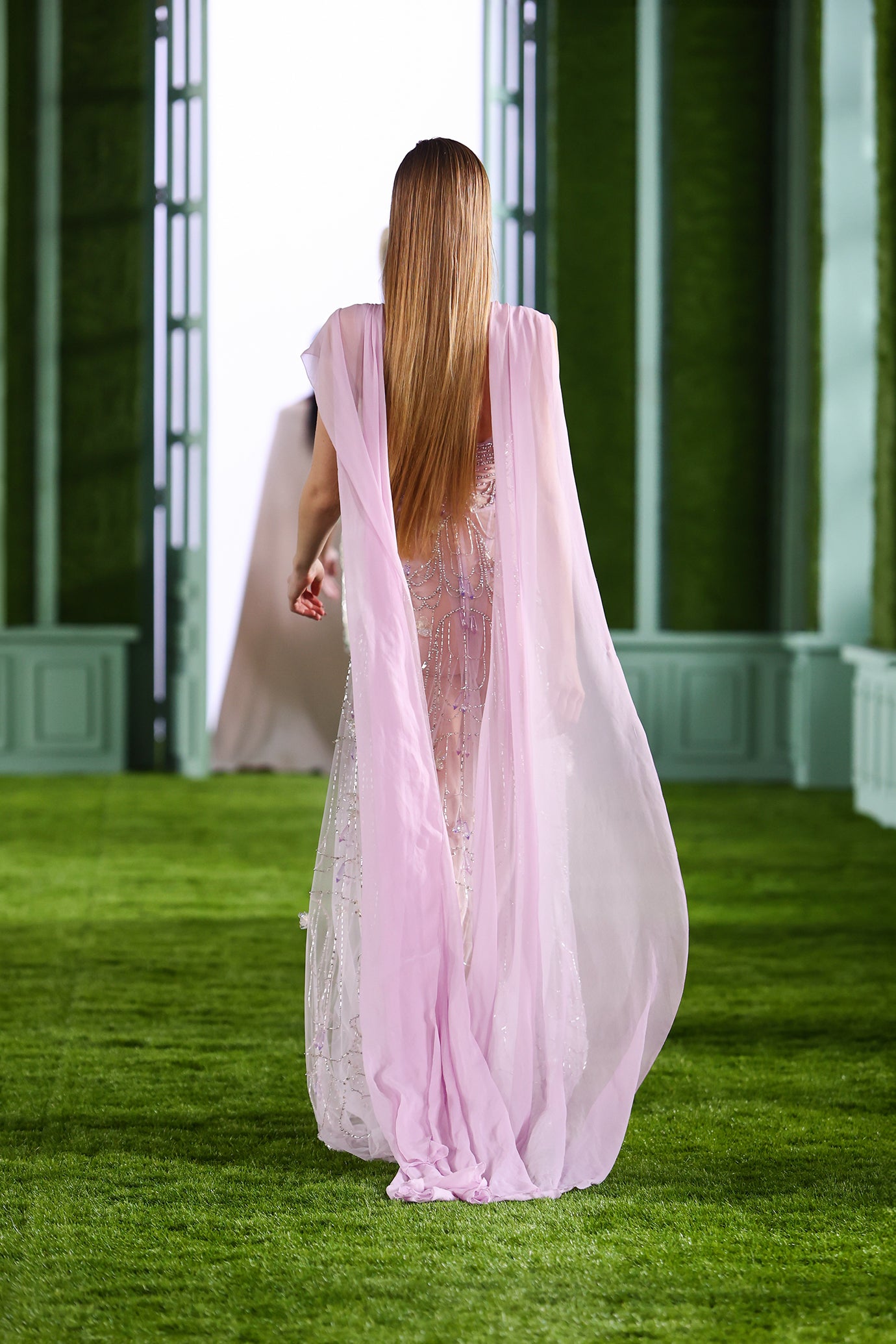 Cape Sleeve Embellished Chiffon Maxi Dress