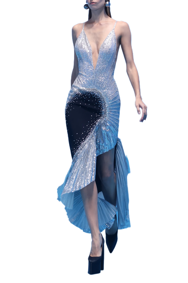 Beaded Crepe Tulle Dress