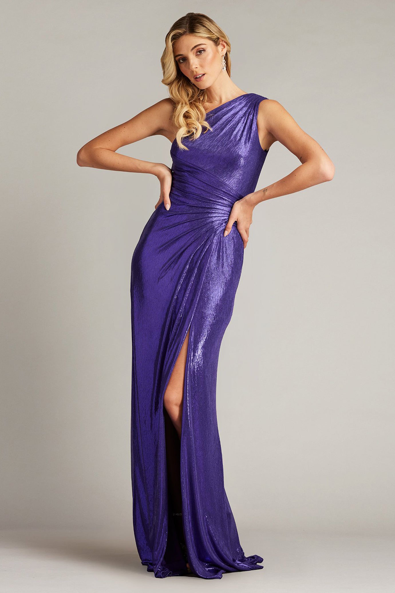 Gaelia One Shoulder Draped Metallic Gown
