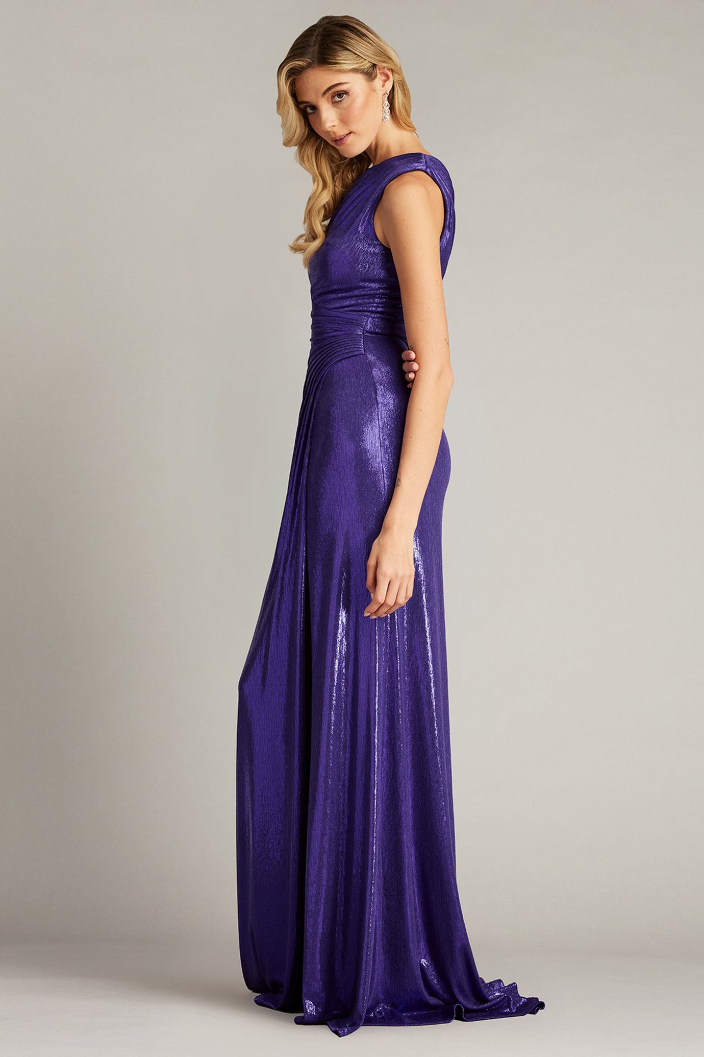 Gaelia One Shoulder Draped Metallic Gown