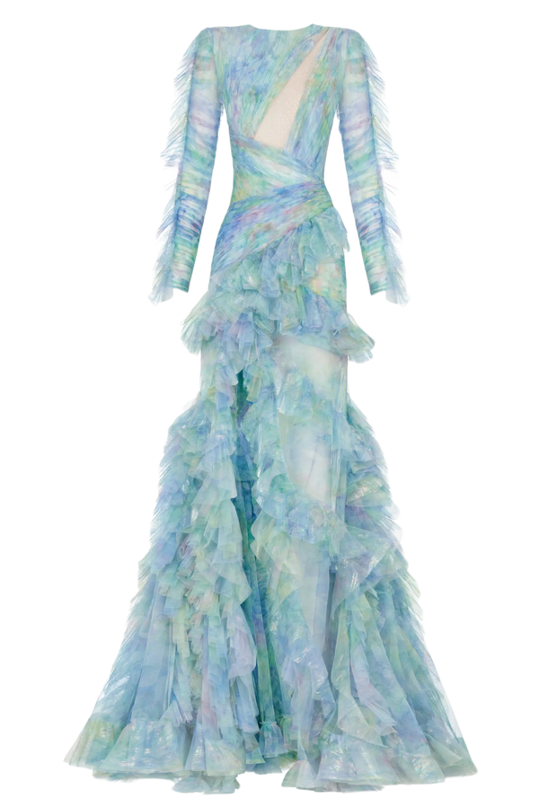 Cut Out Detailed Floral Print Ruffle Maxi Dress