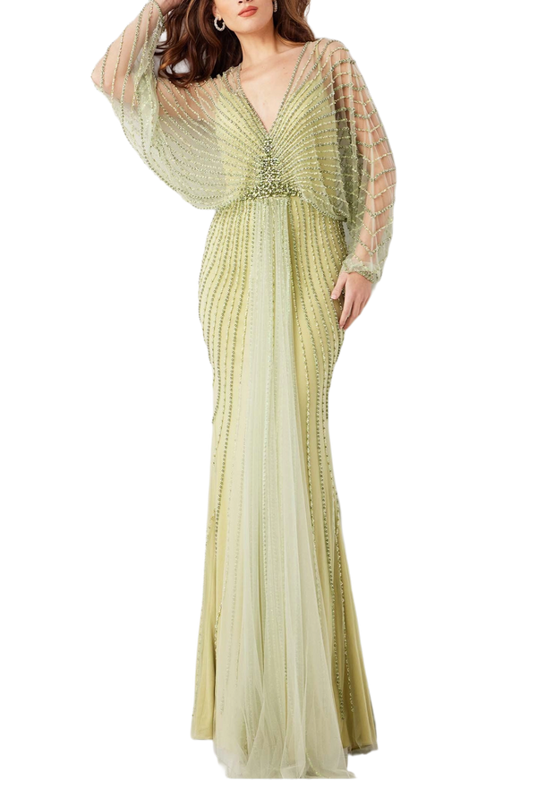 Beaded Long Sleeve Evening Dress