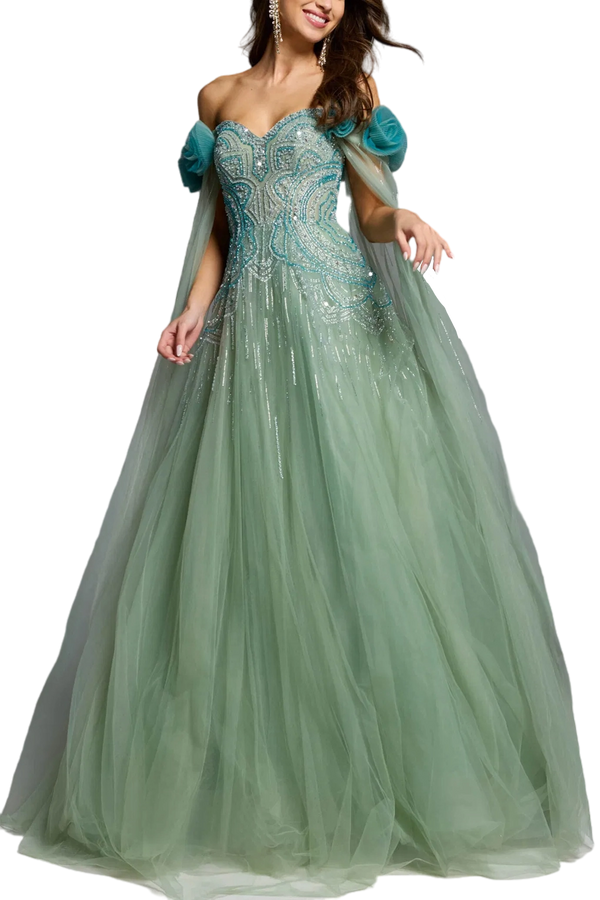 Green Ball Gown With Beaded Bodice And Tulle Details