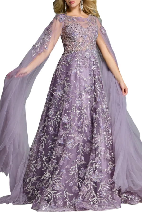 A-Line Gown with Floral Embroidery and Cape Sleeves