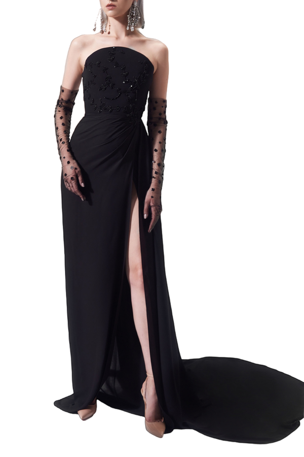 Strapless Dress with Sweeping Train and Gloves