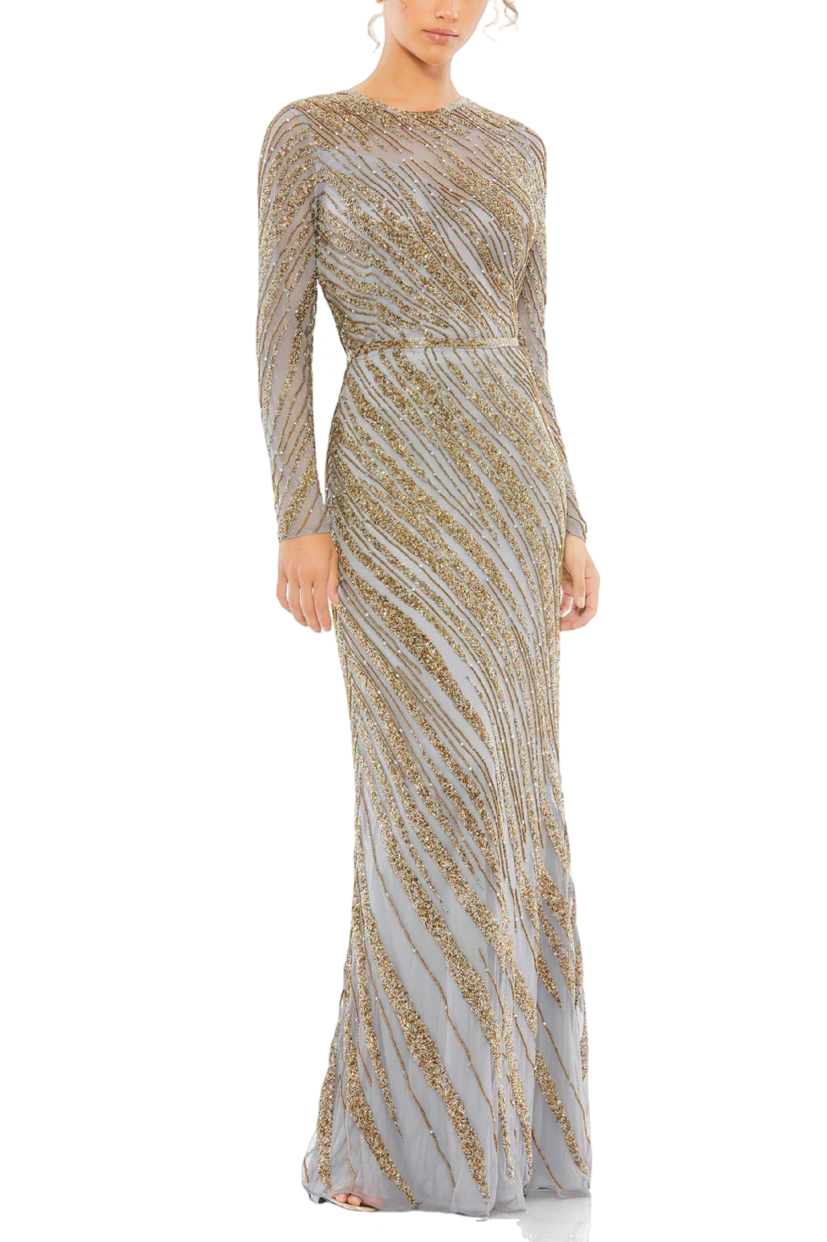 Long Sleeve Beaded Column Gown