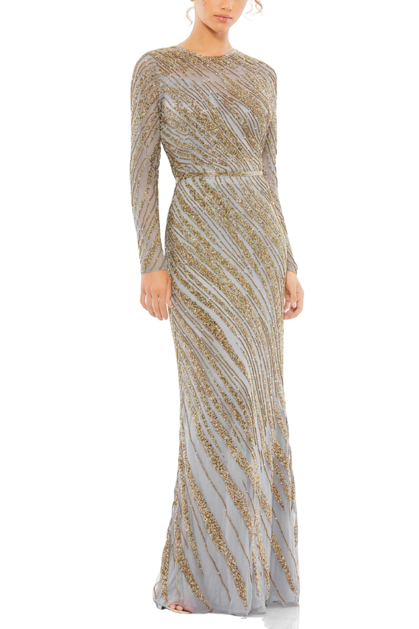 Long Sleeve Beaded Column Gown