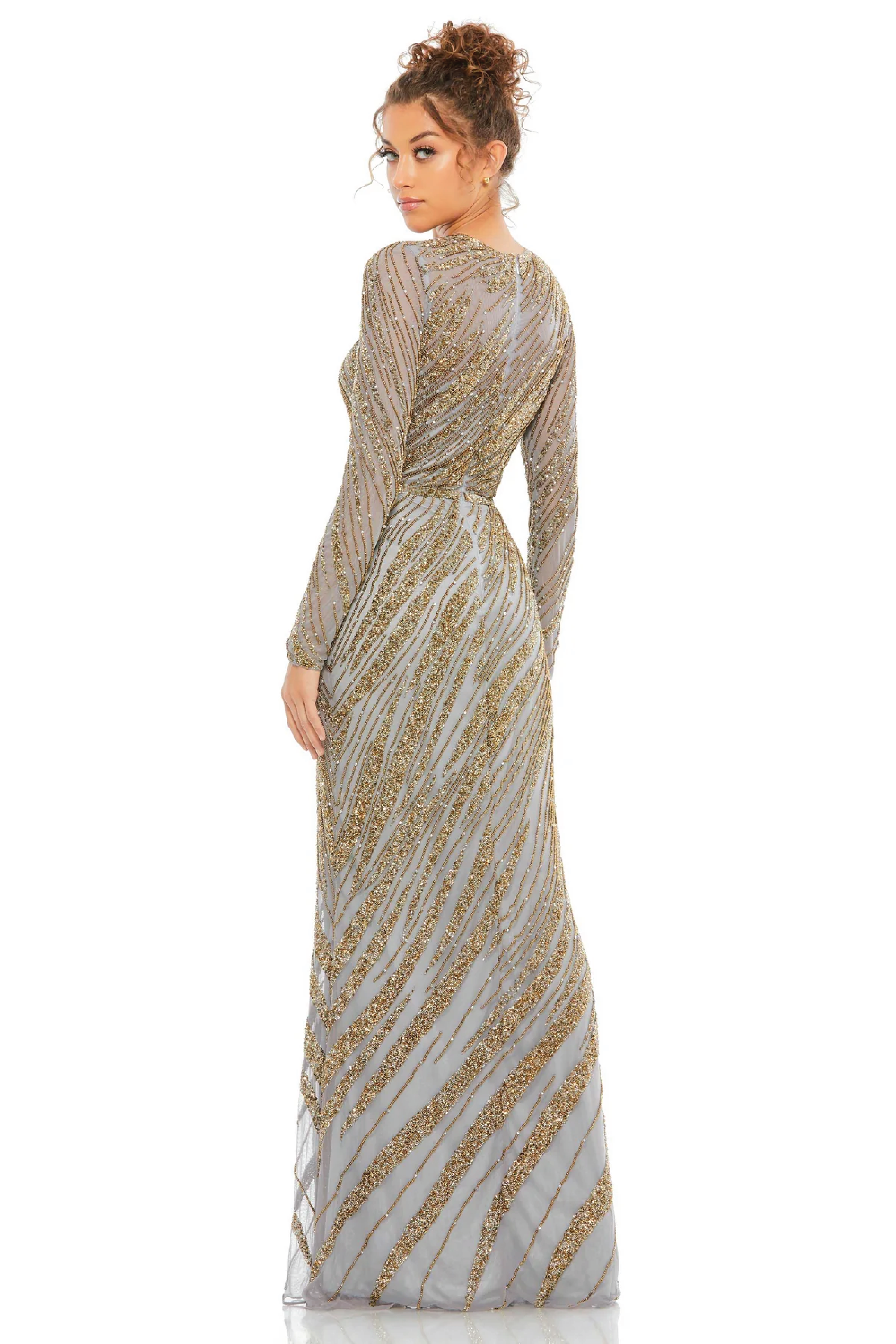 Long Sleeve Beaded Column Gown