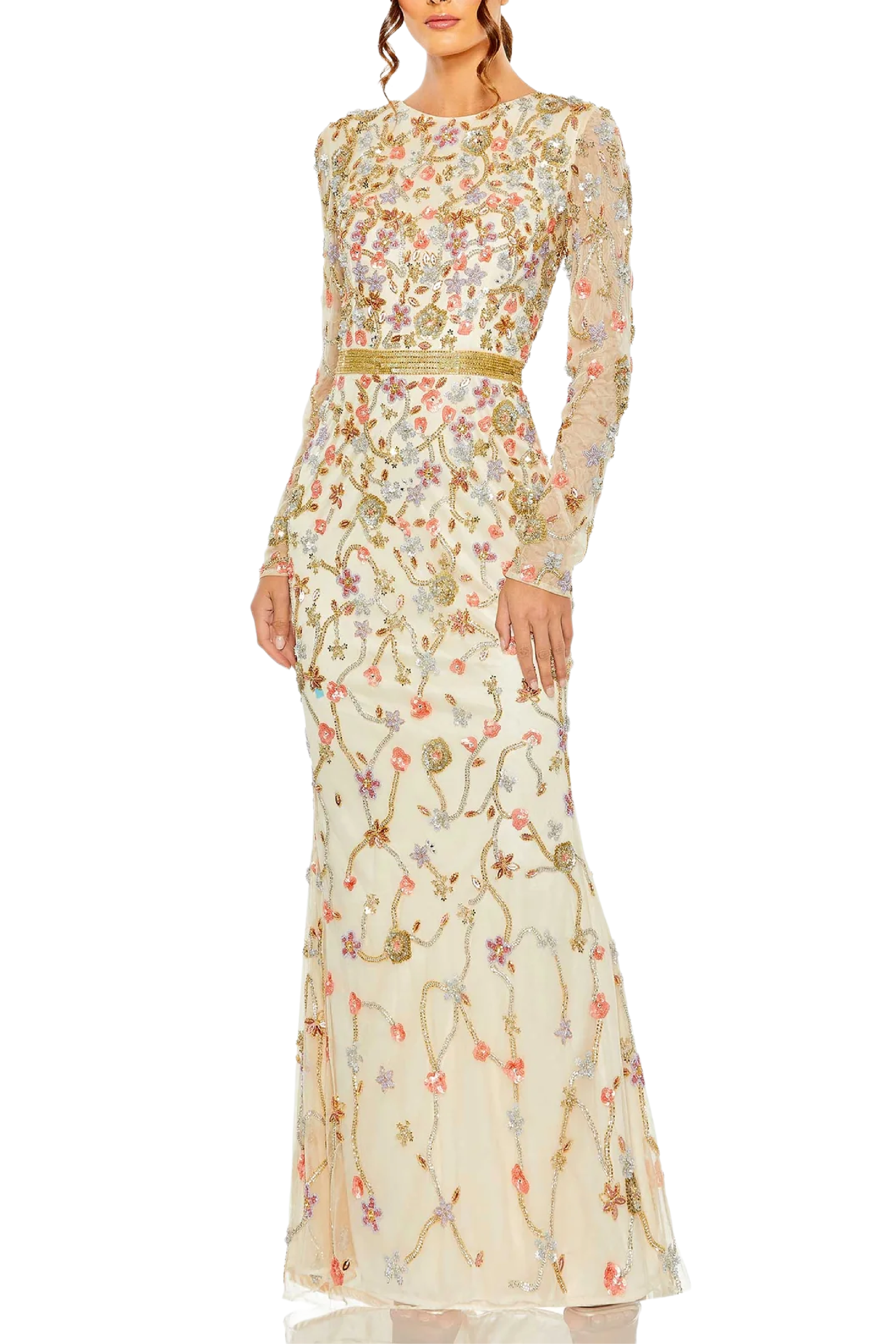 Long Sleeve Floral Embellished Gown