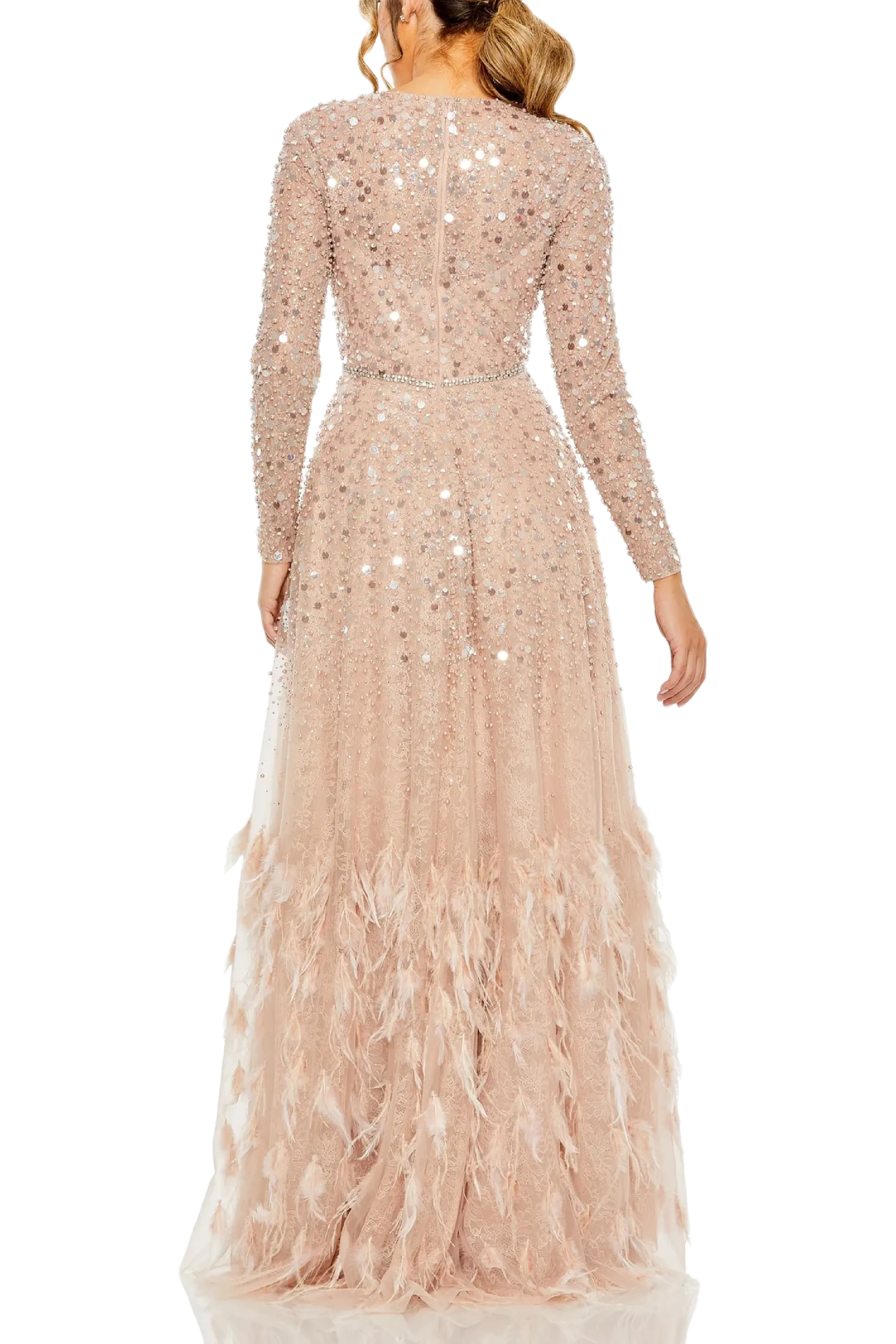 Disc Sequin Embellished Gown with Feathers