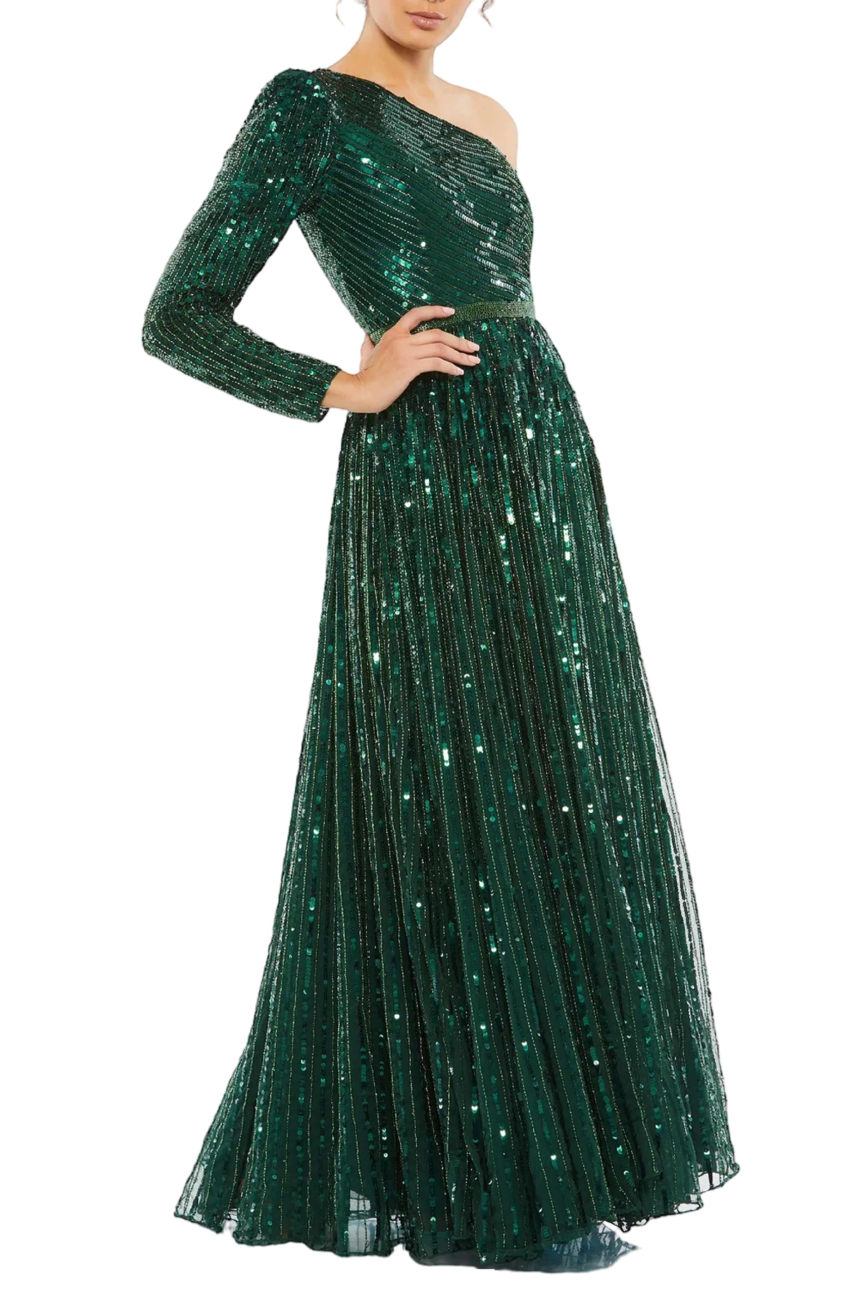 Emerald Sequined One Shoulder Gown