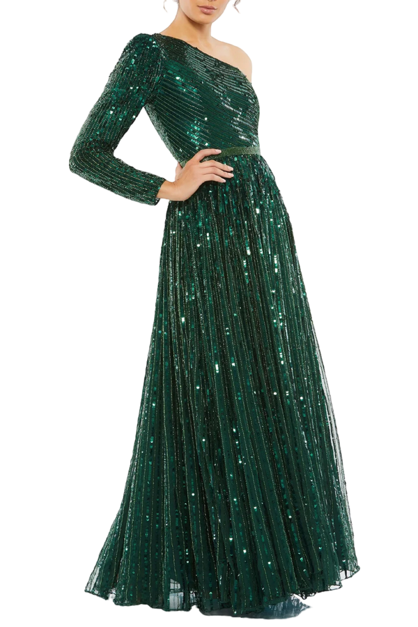 Emerald Sequined One Shoulder Gown