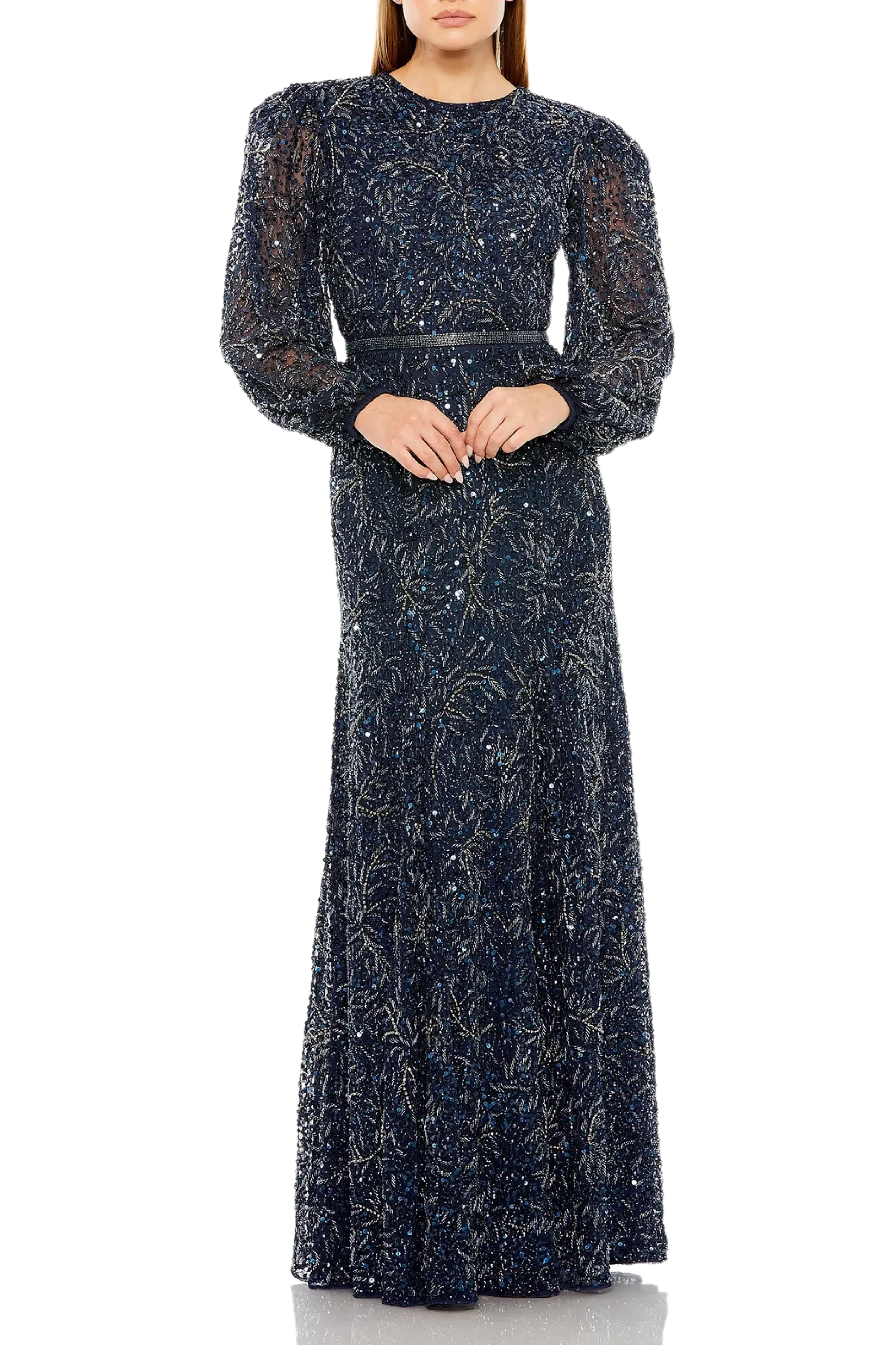 Sheer Long Sleeve Beaded Gown