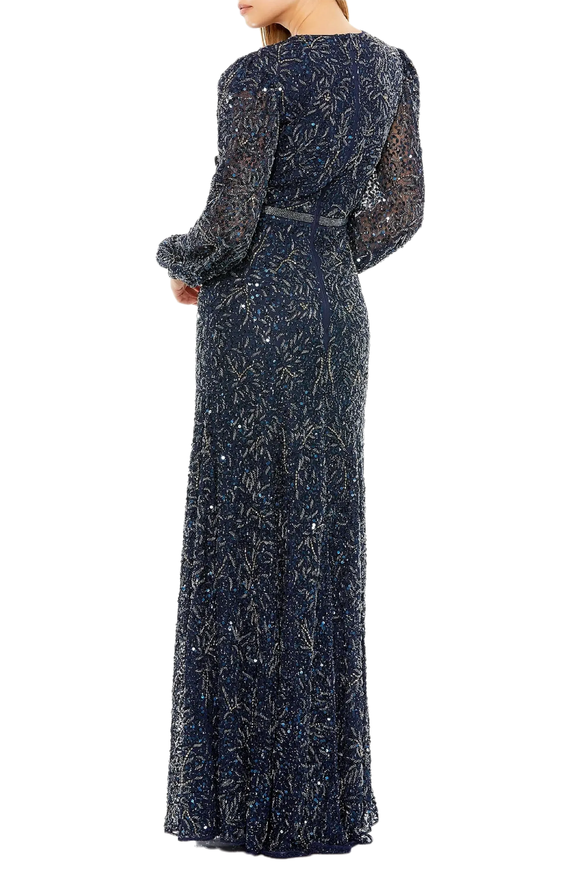Sheer Long Sleeve Beaded Gown