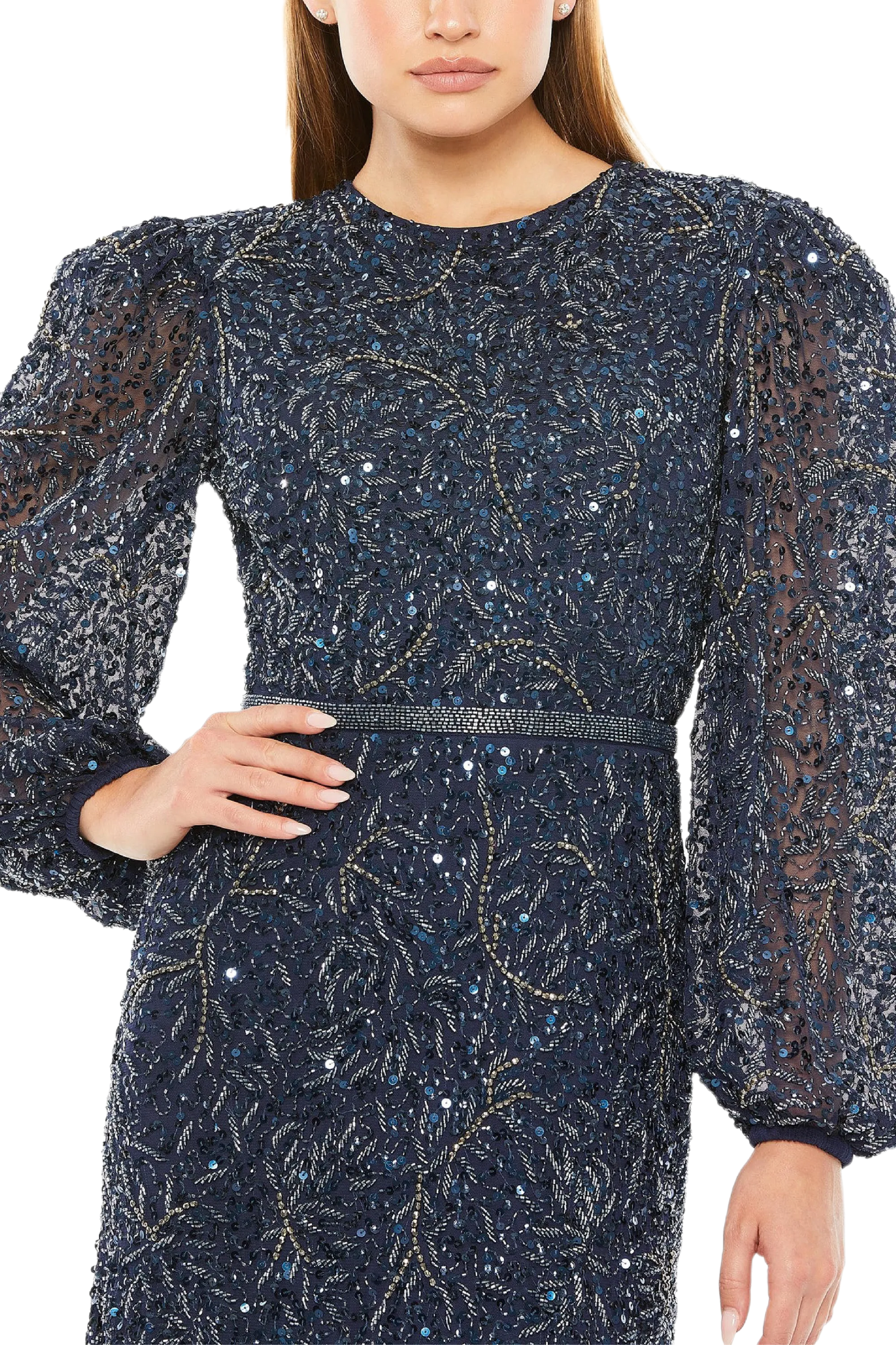 Sheer Long Sleeve Beaded Gown
