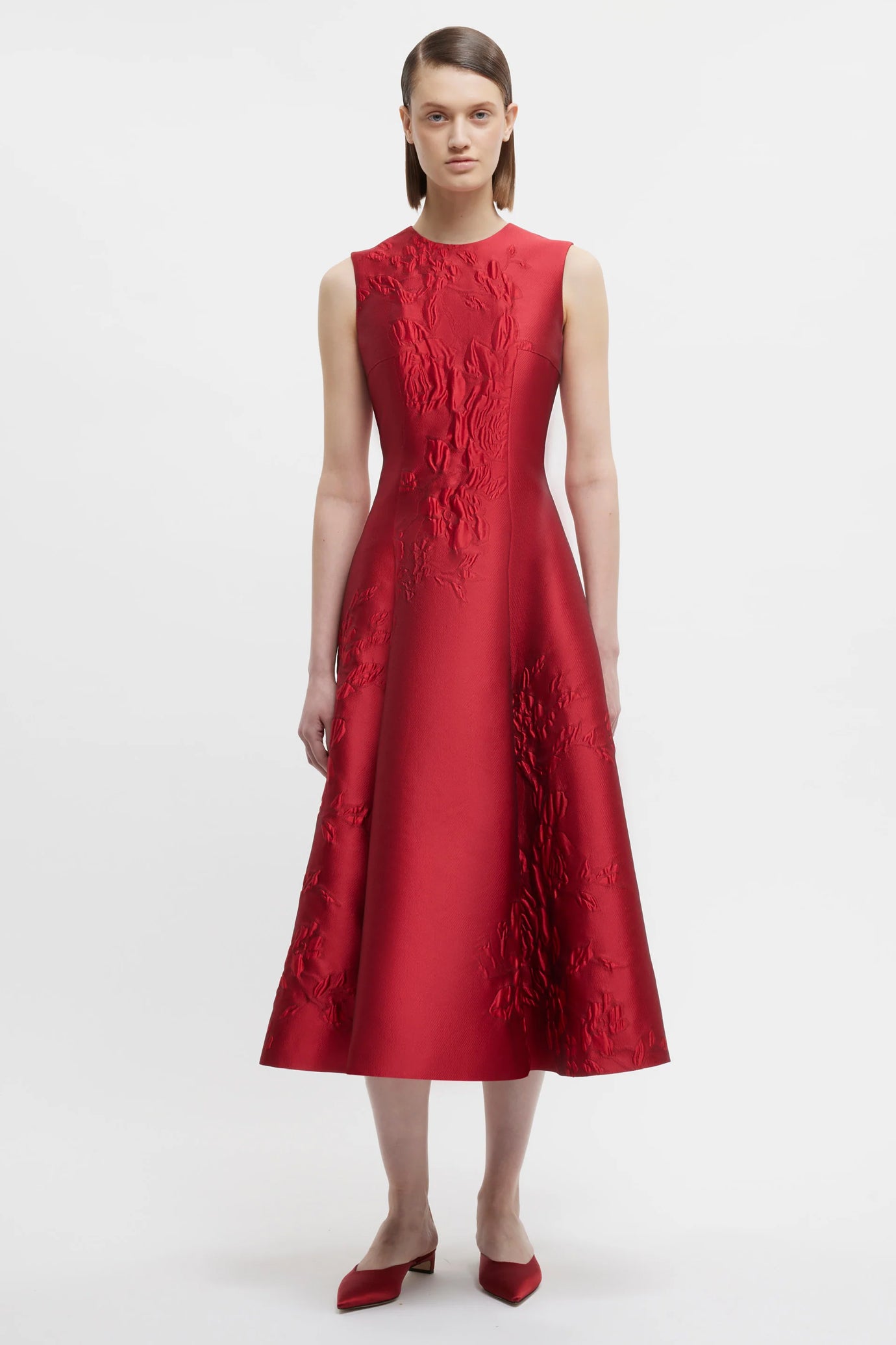 Mara Dress In Red Graphic Rose Jacquard