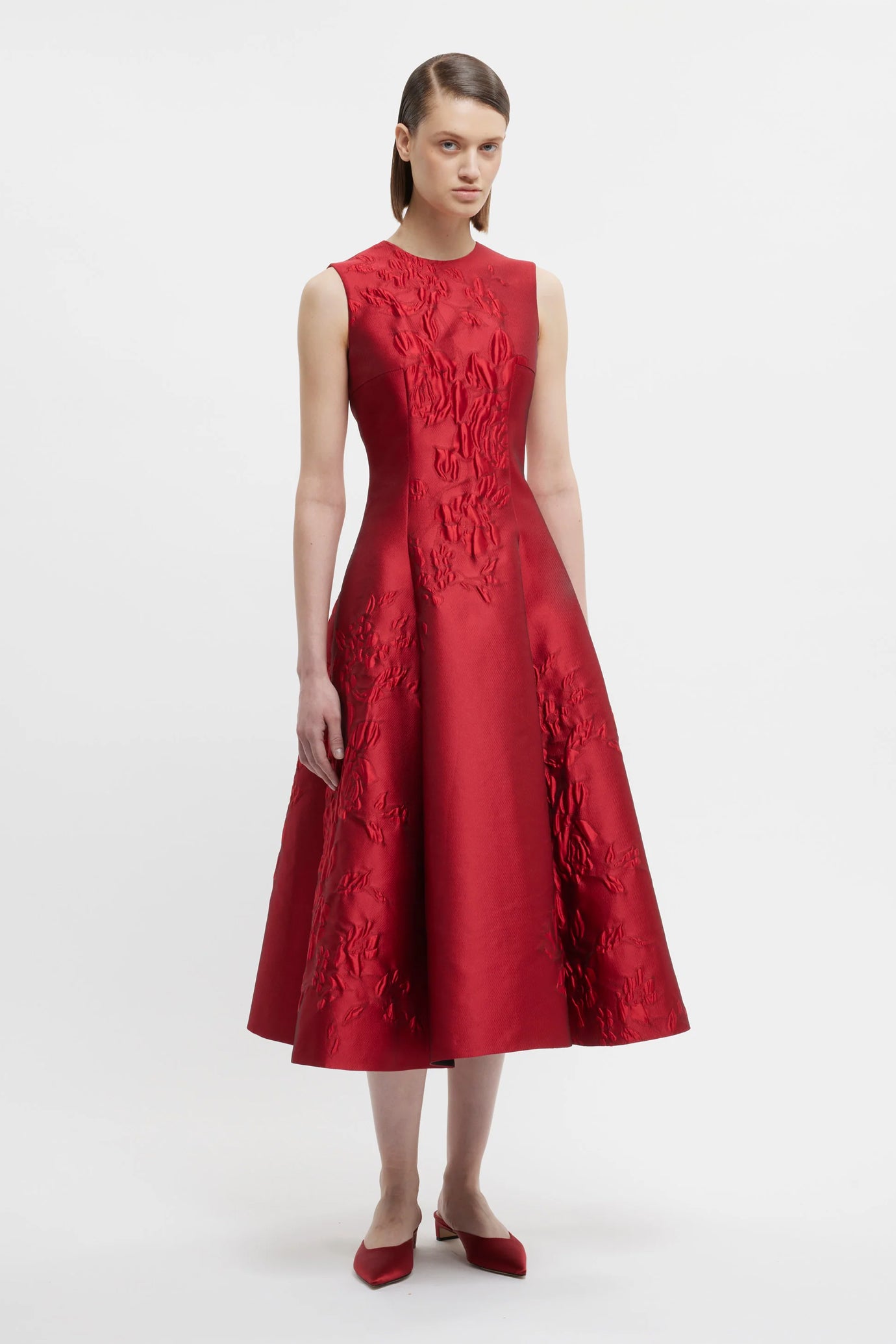 Mara Dress In Red Graphic Rose Jacquard