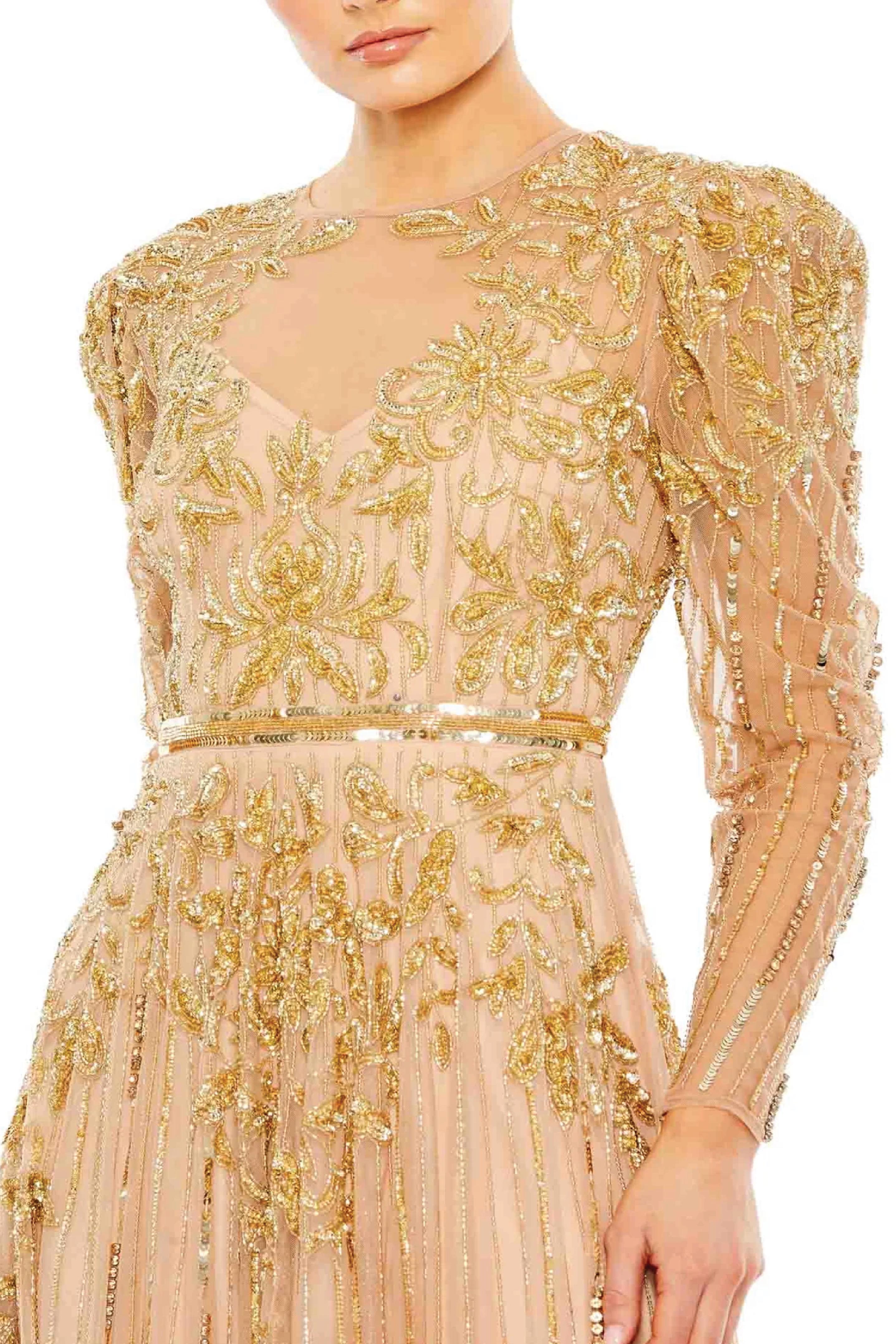 Jewel Neckline Sheer Sleeves Gown