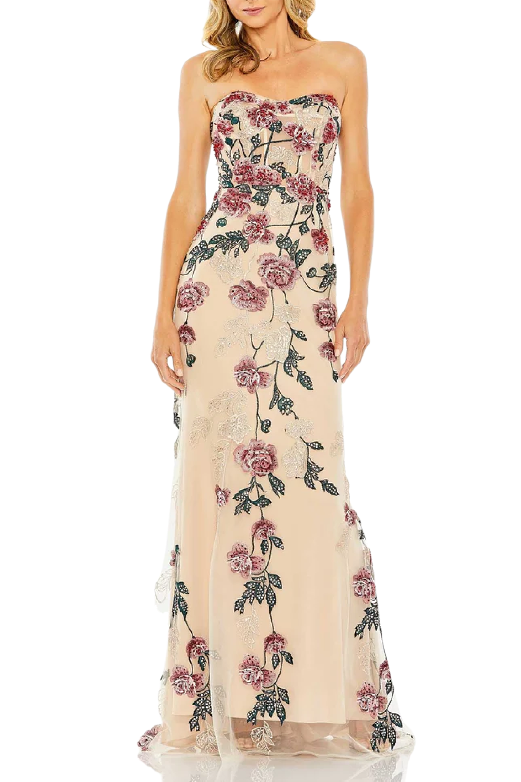 Multicolored Floral-Embossed Strapless Long Gown