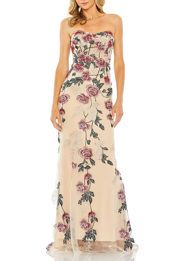 Multicolored Floral-Embossed Strapless Long Gown