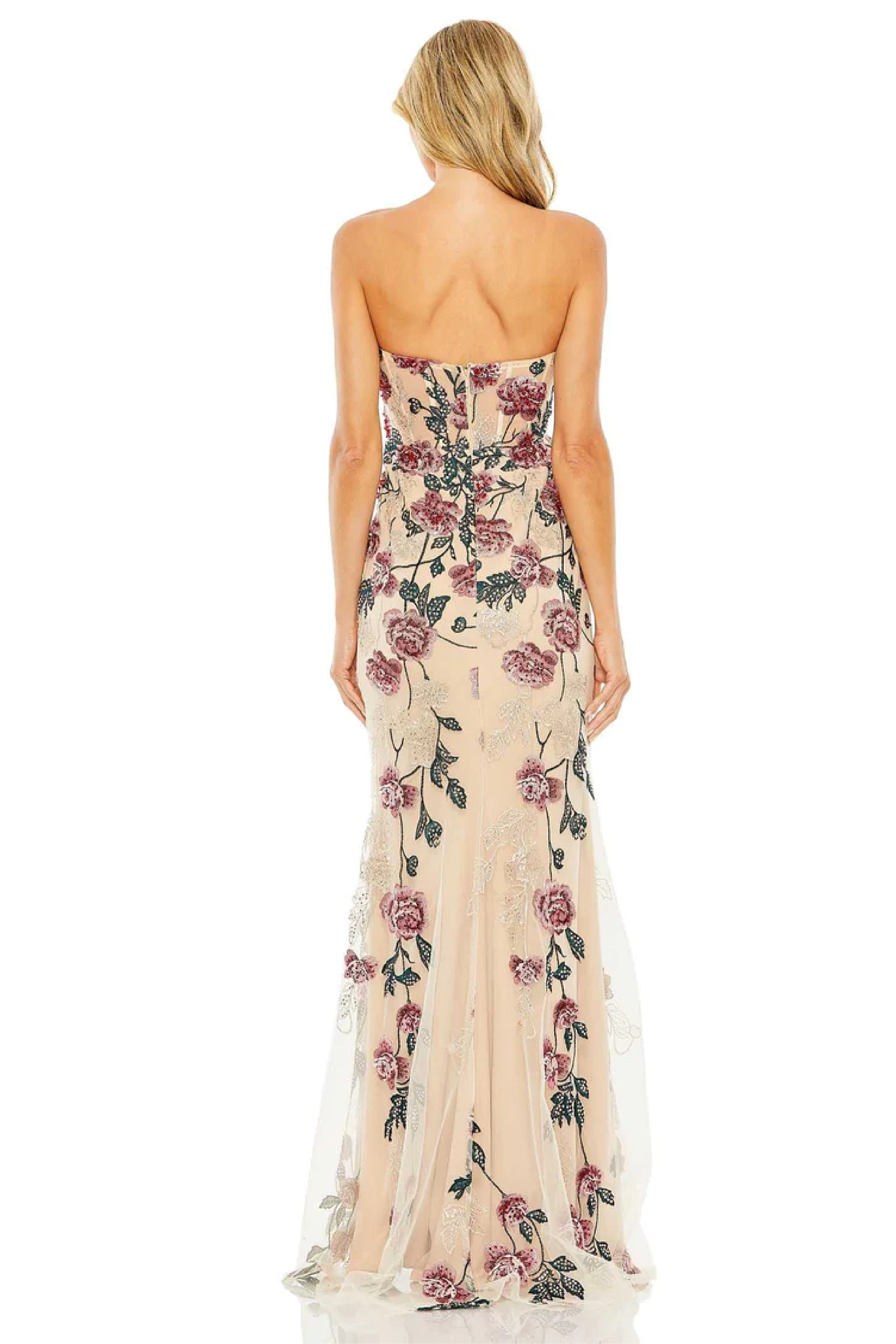 Multicolored Floral-Embossed Strapless Long Gown