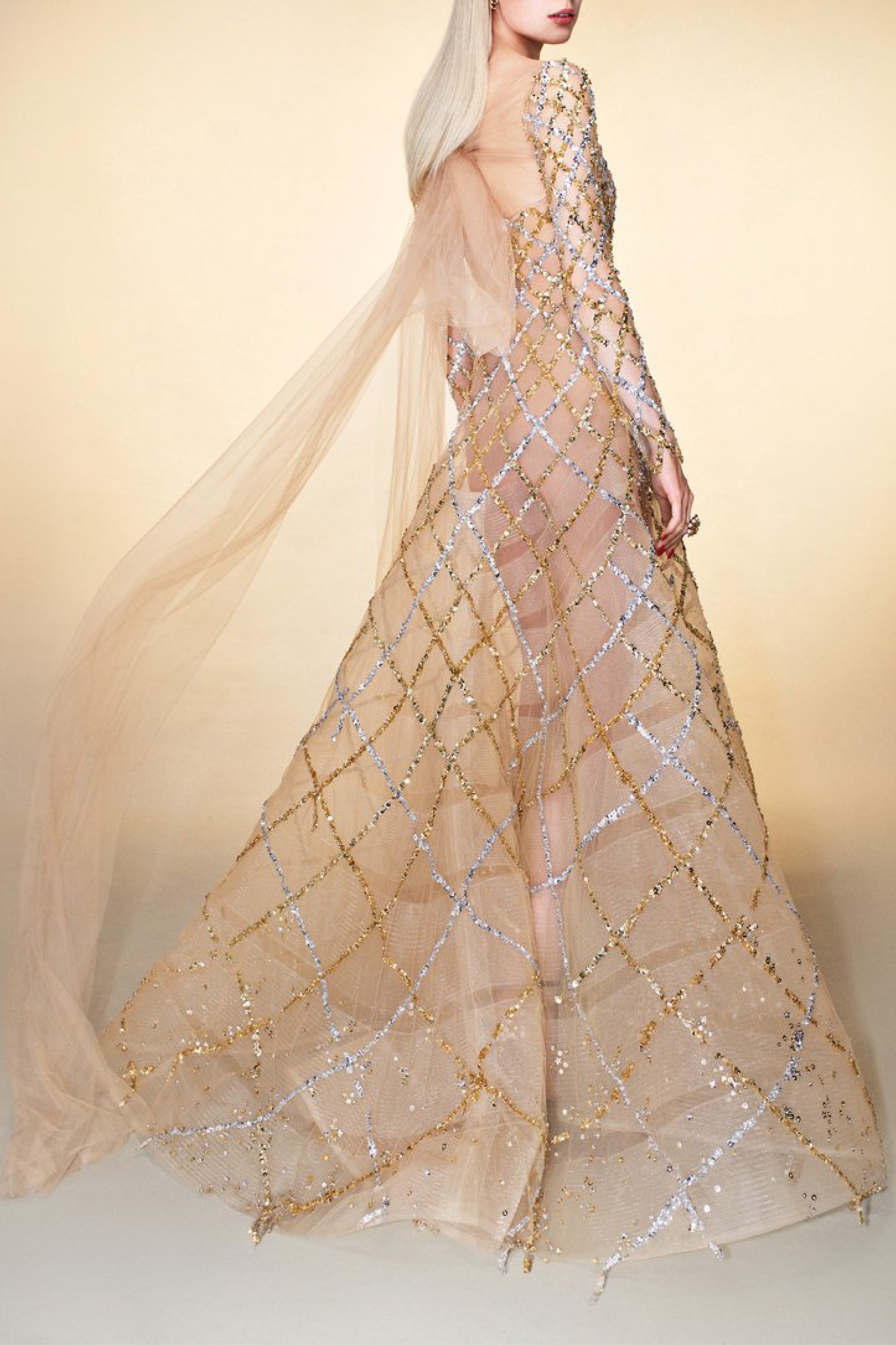 Sequin & Paillette Grid Embroidered Gown & Bolero