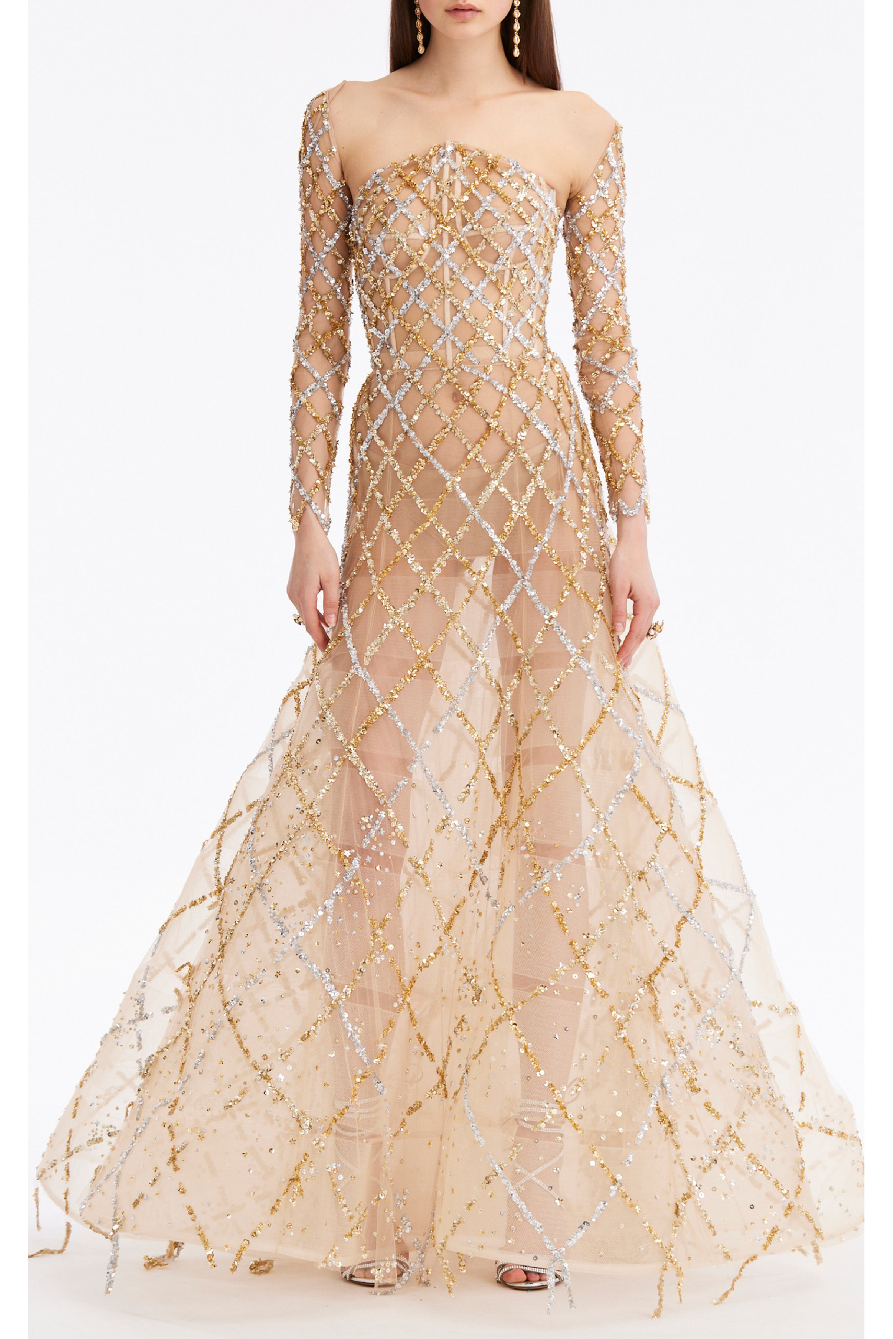 Sequin & Paillette Grid Embroidered Gown & Bolero