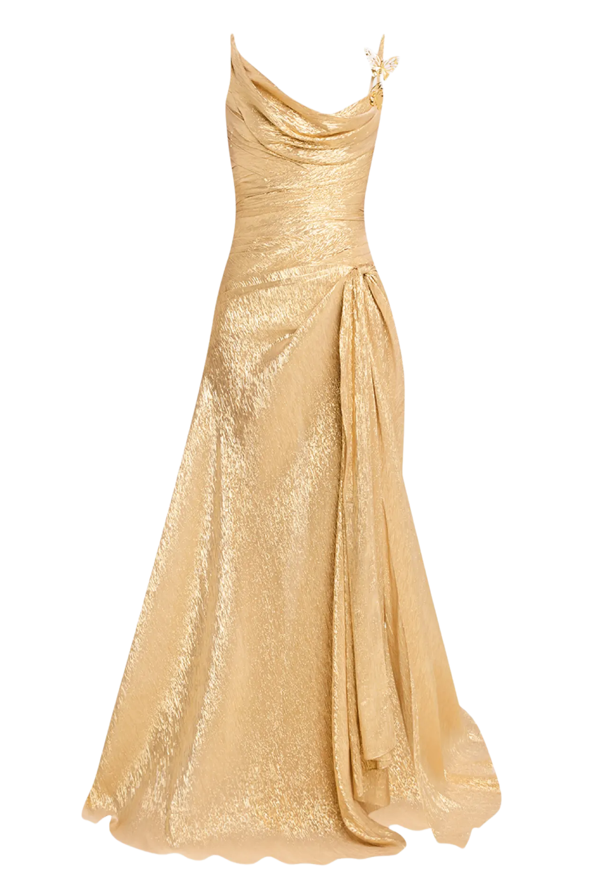 Butterfly Cowl-Neck Lame Gown With Slit