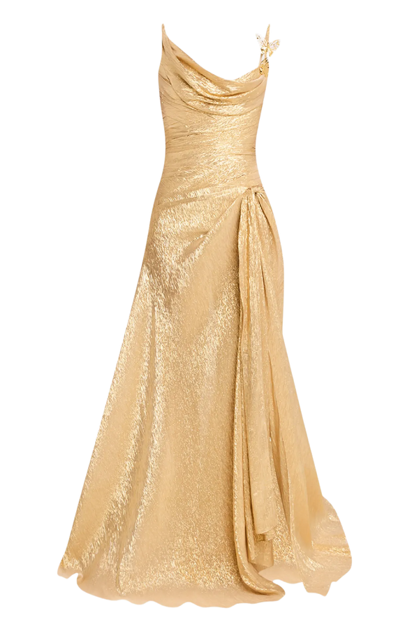 Butterfly Cowl-Neck Lame Gown With Slit