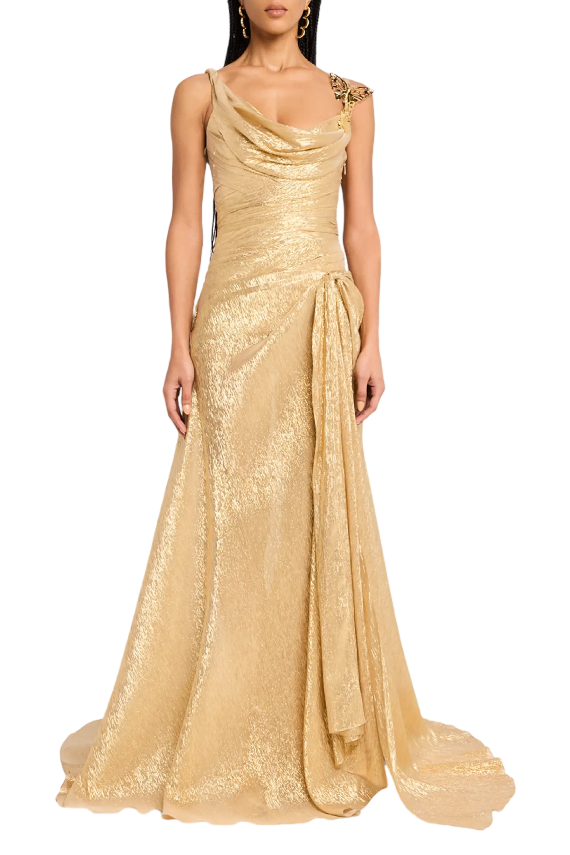 Butterfly Cowl-Neck Lame Gown With Slit