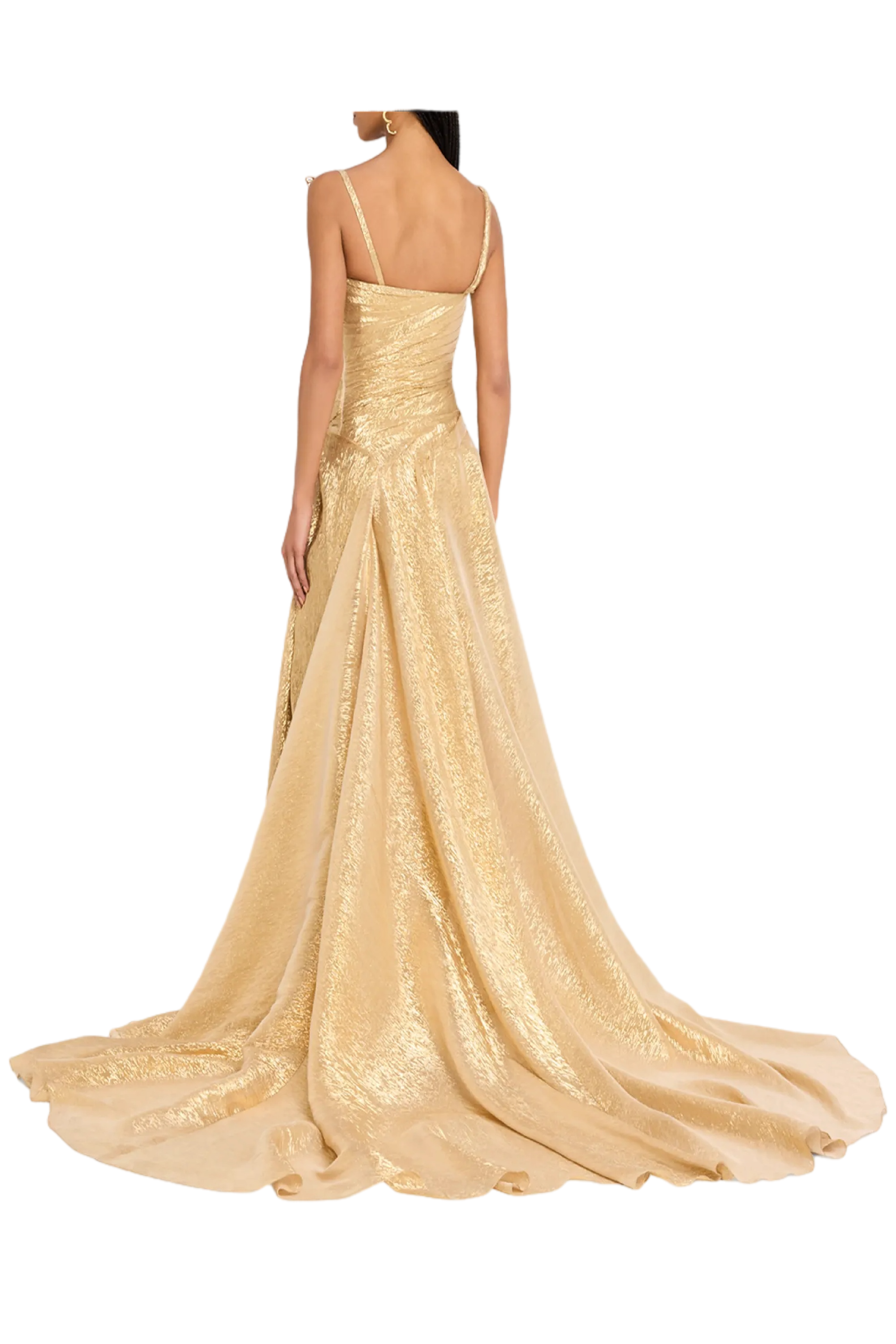 Butterfly Cowl-Neck Lame Gown With Slit