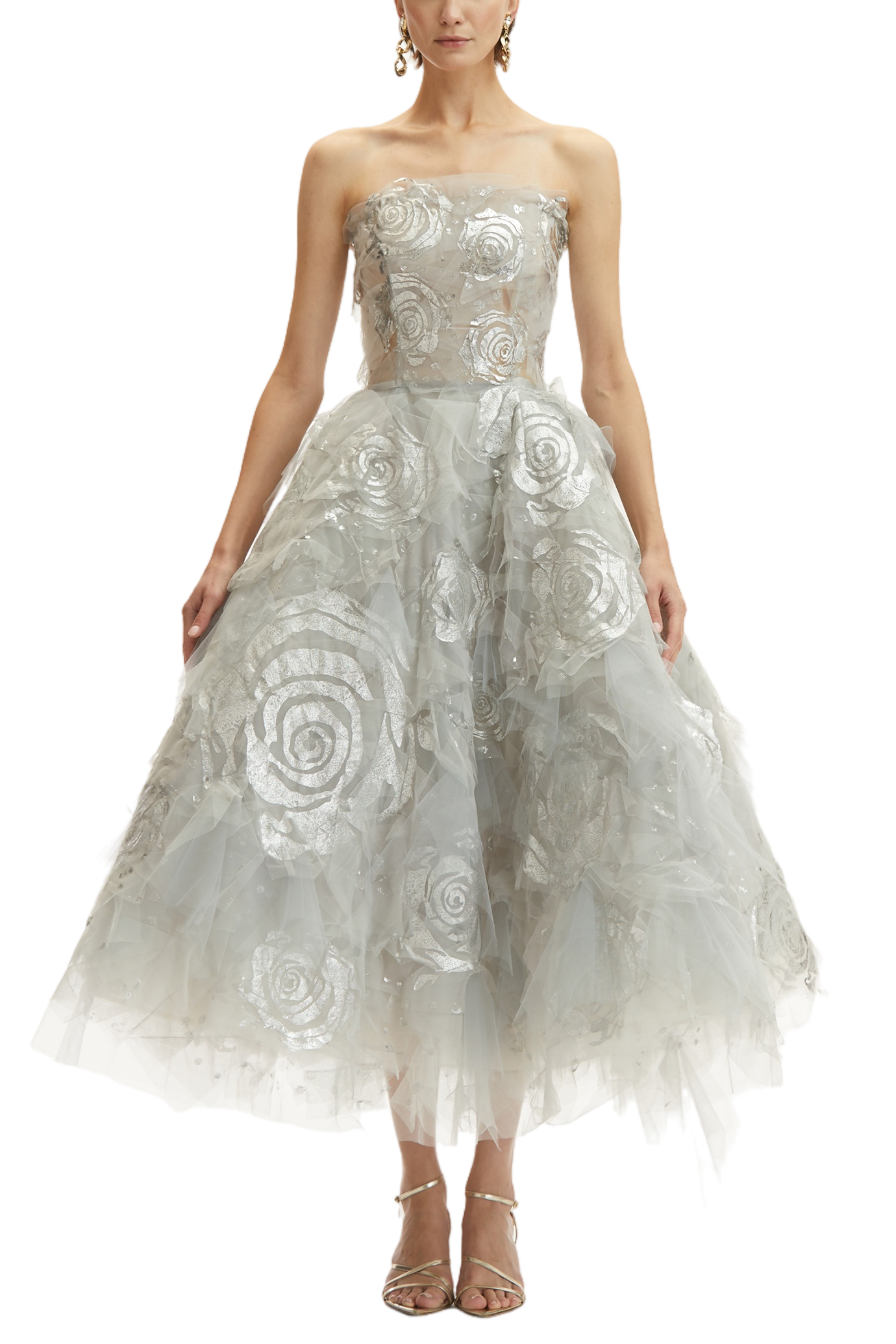 Strapless Silver Leaf Rose & Tulle Ruffle Embroidered Gown