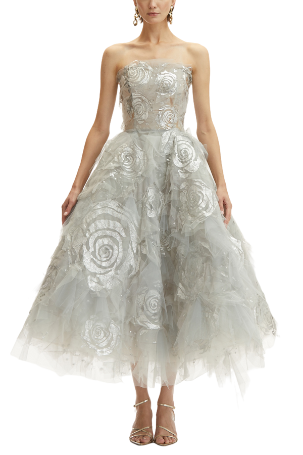 Strapless Silver Leaf Rose & Tulle Ruffle Embroidered Gown