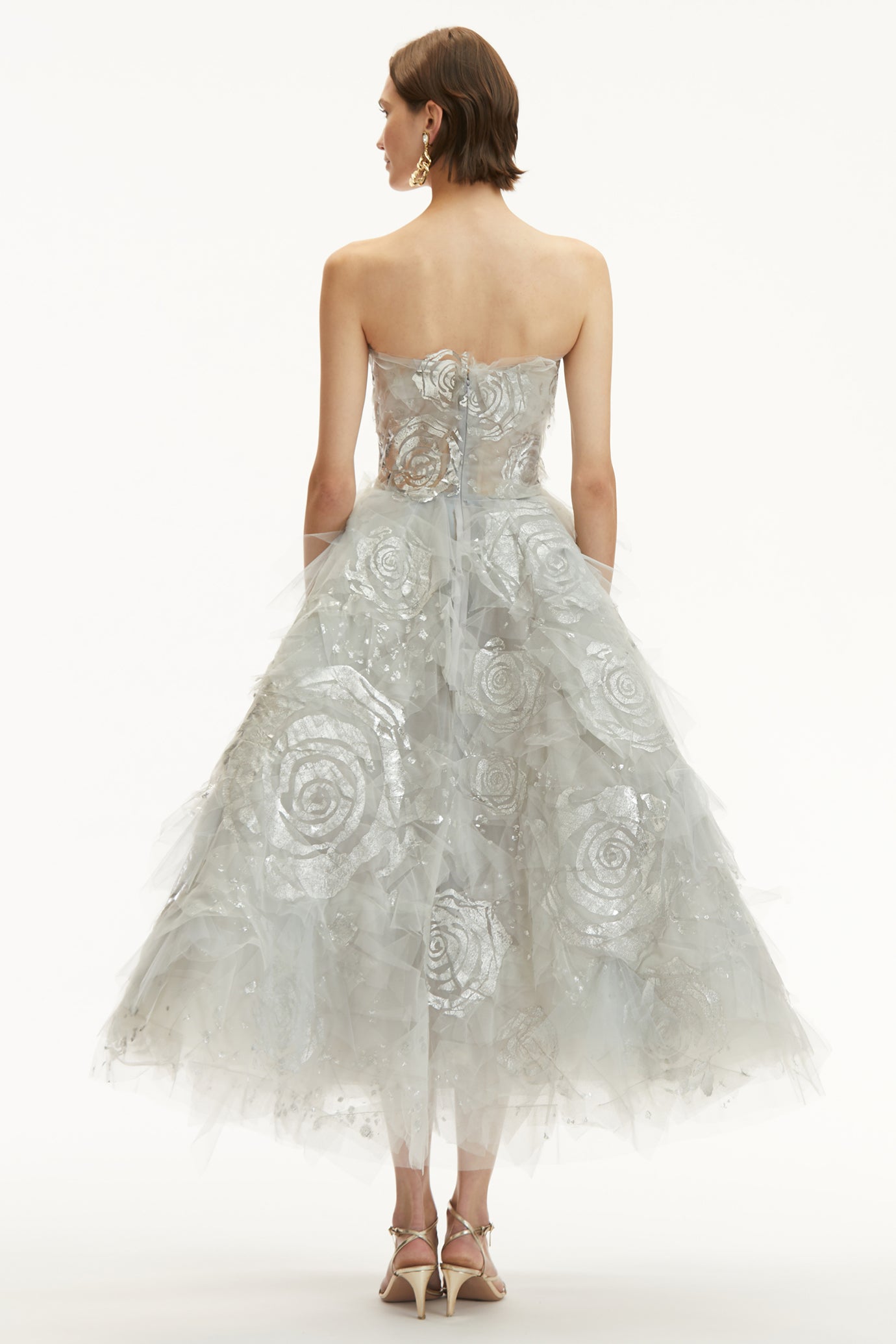 Strapless Silver Leaf Rose & Tulle Ruffle Embroidered Gown