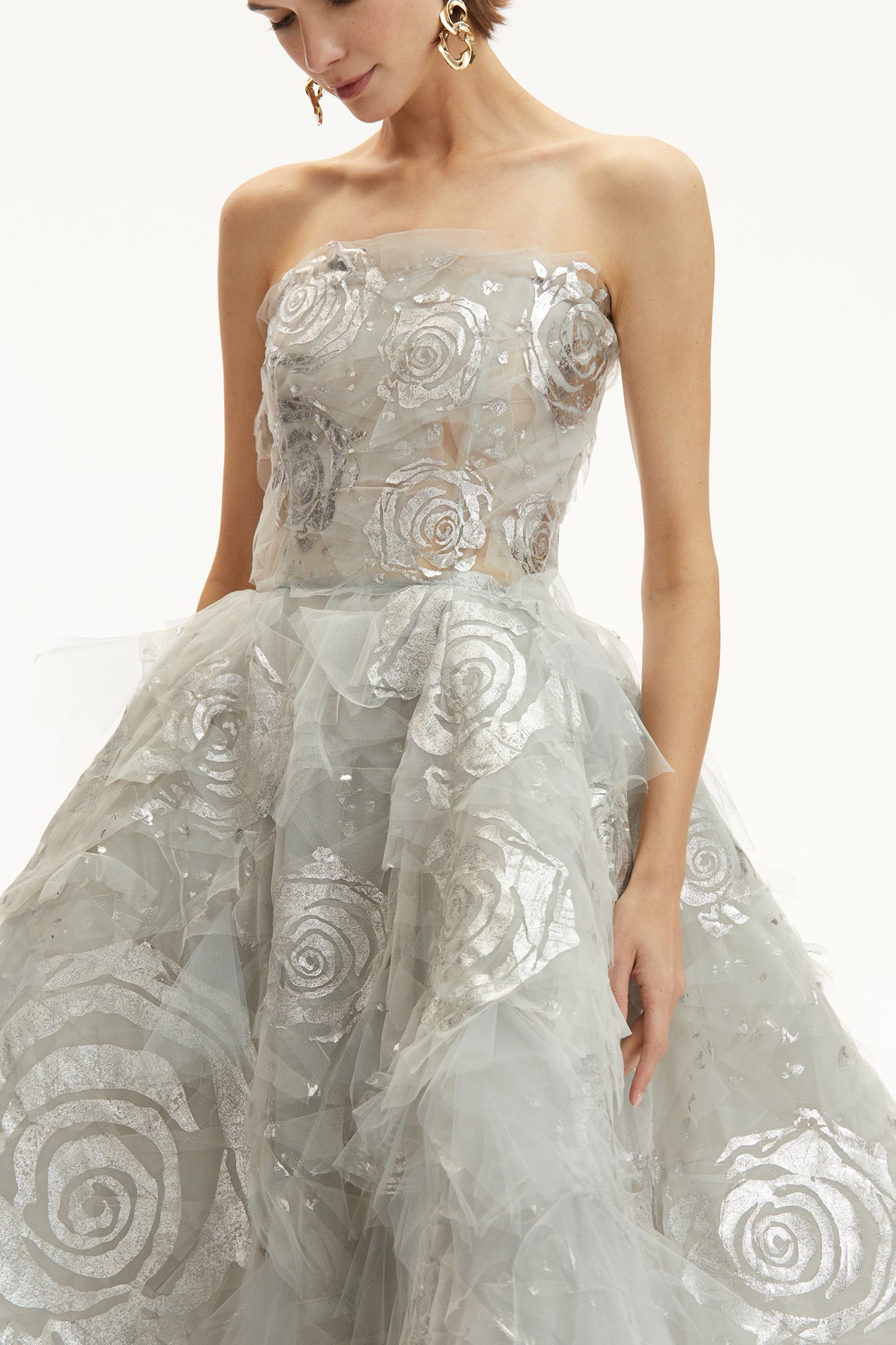 Strapless Silver Leaf Rose & Tulle Ruffle Embroidered Gown