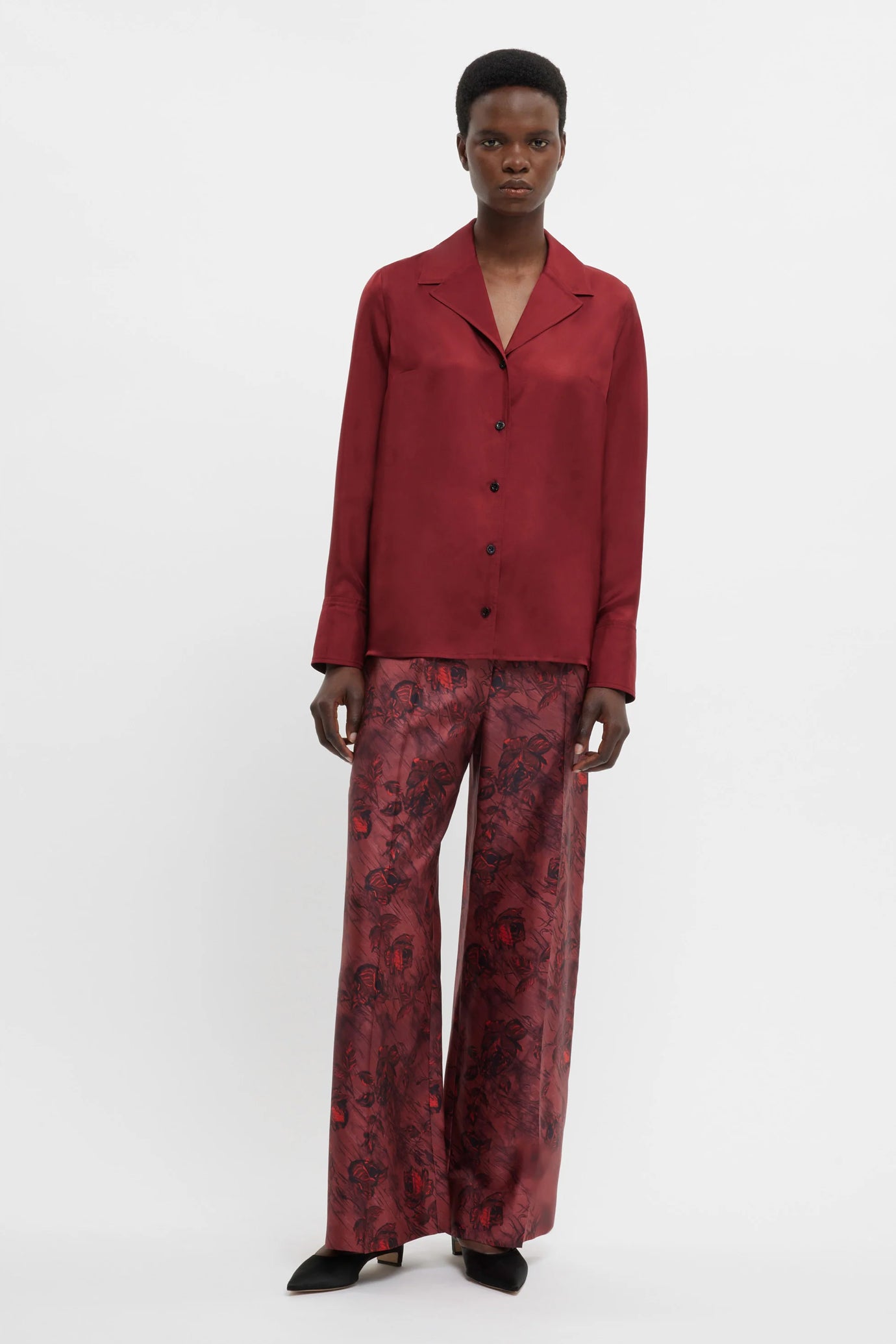 Heqet Trousers In Red Roses On Marble Print Silk Twill