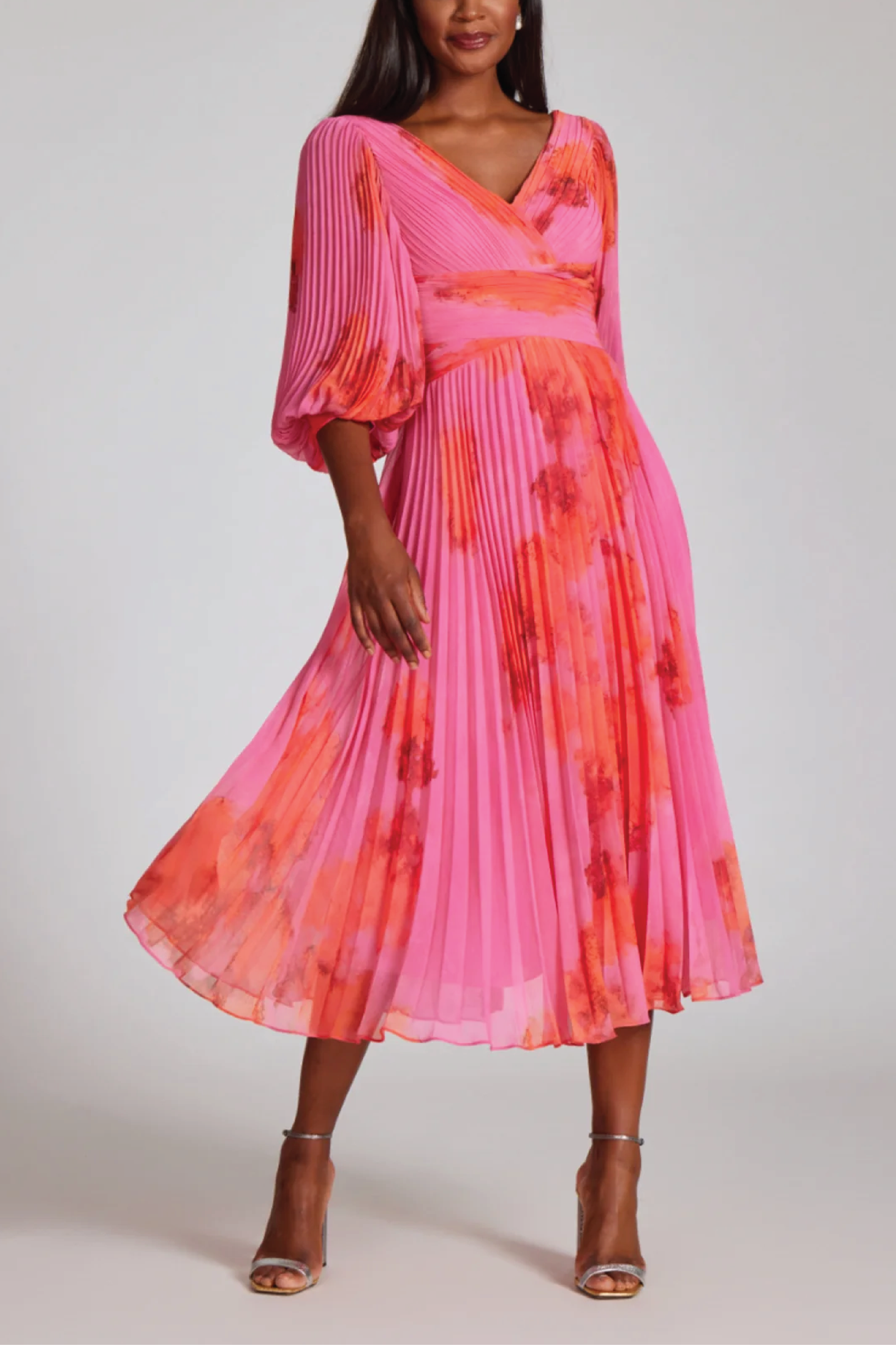Printed Chiffon Pleated Full Sleeve Dress