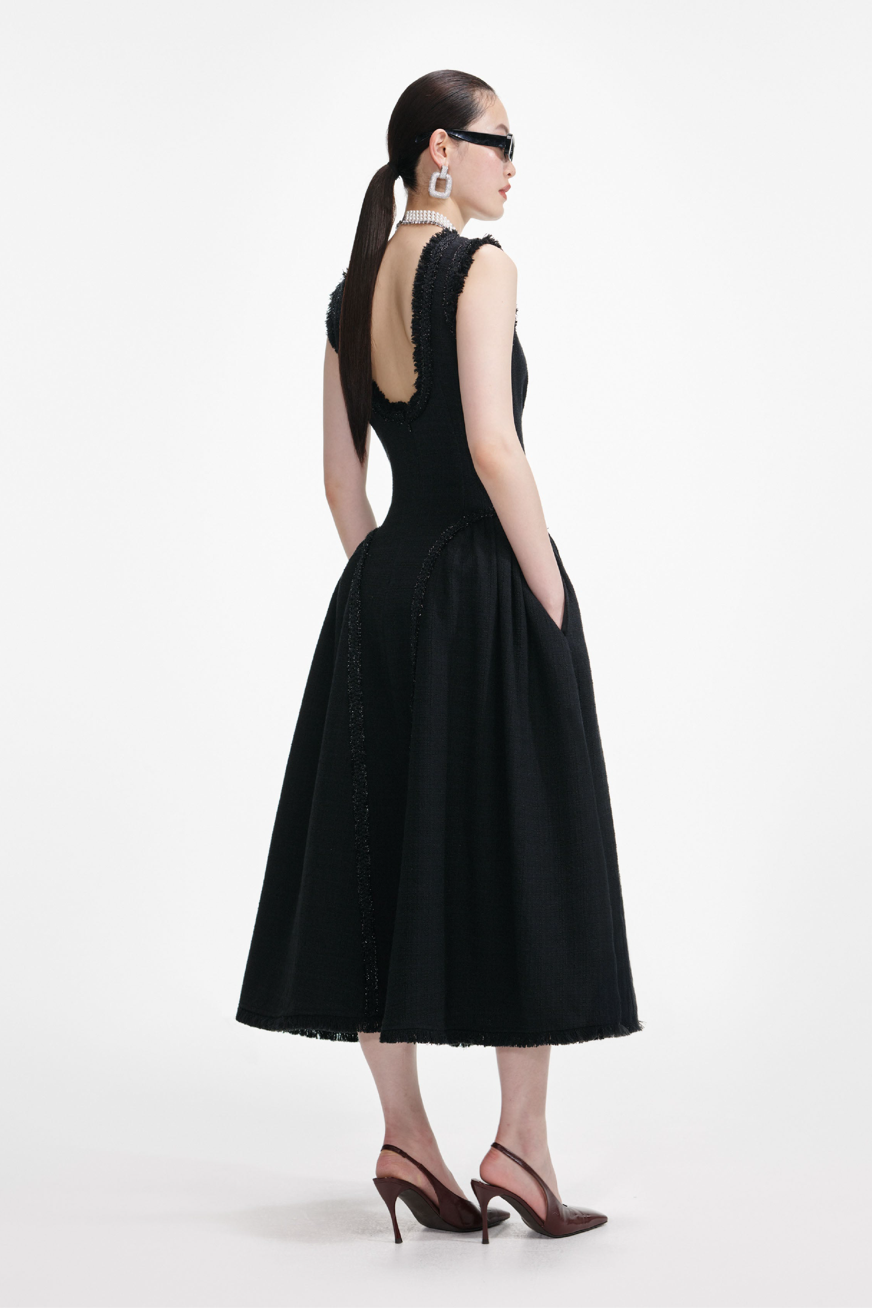 Black Boucle Sleeveless Midi Dress