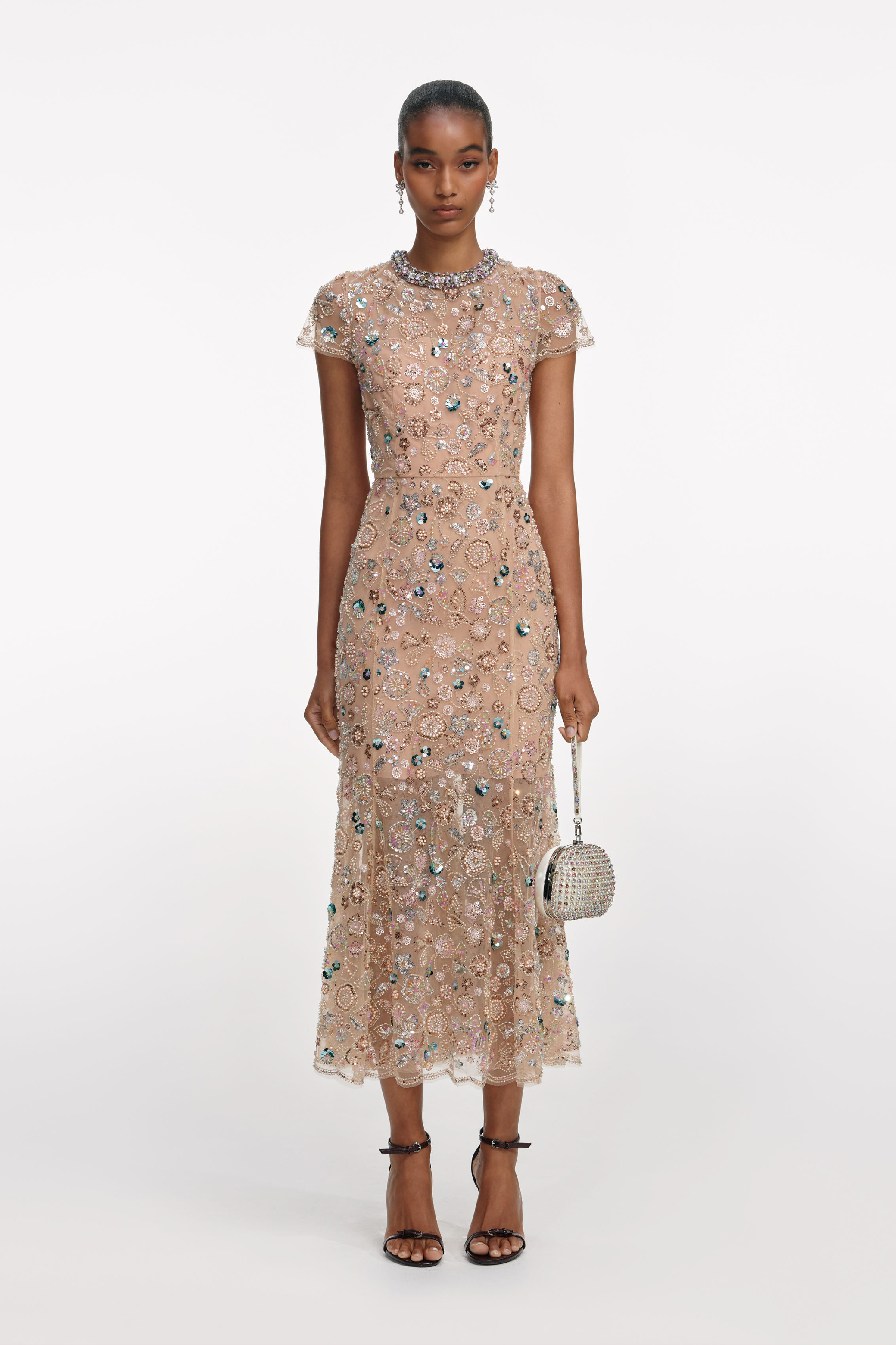 Champagne Sequin Embroidered Midi Dress